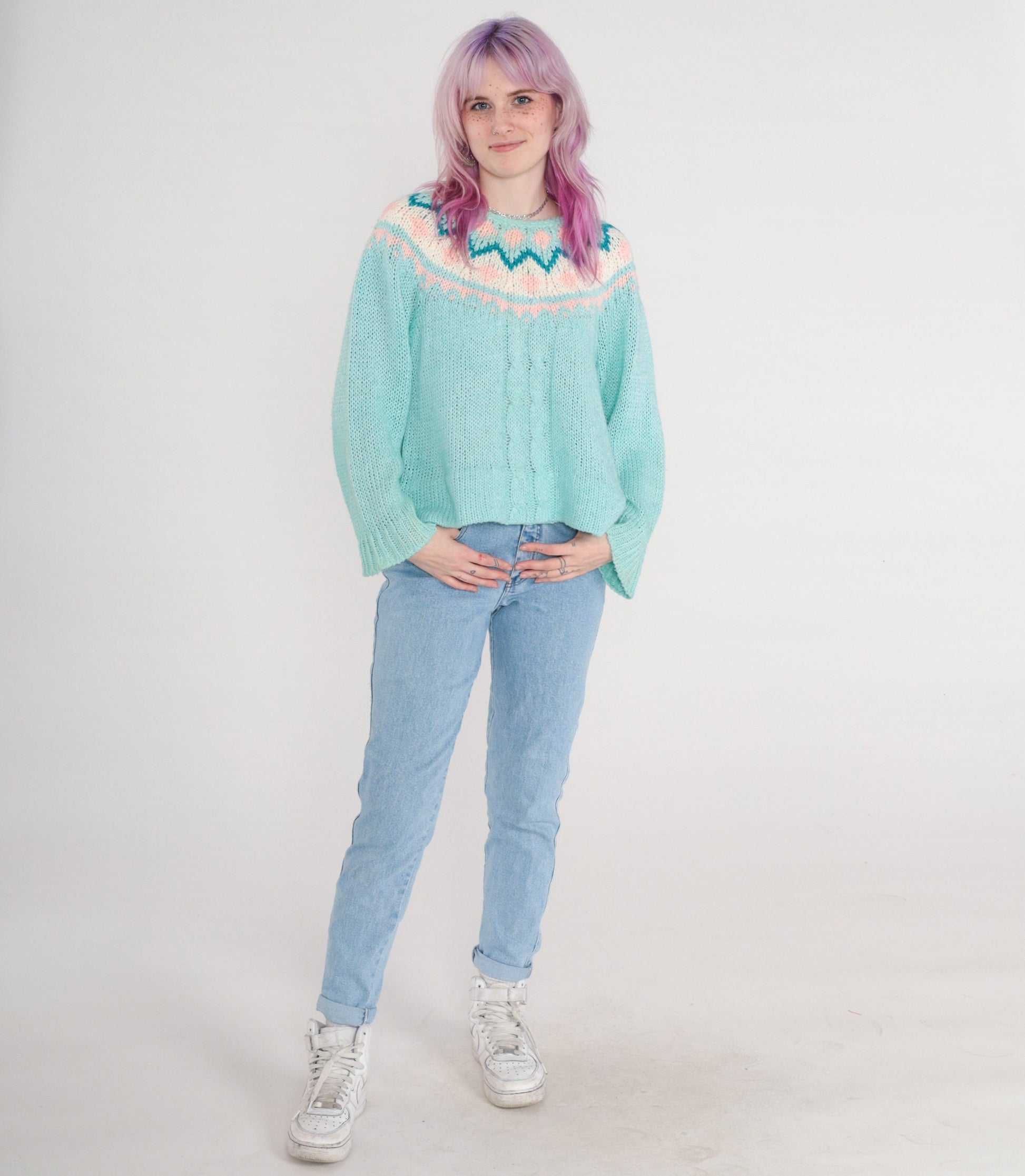 90s Hunters Glen Fair Isle Cable Knit Sweater Blue Pastel Large L