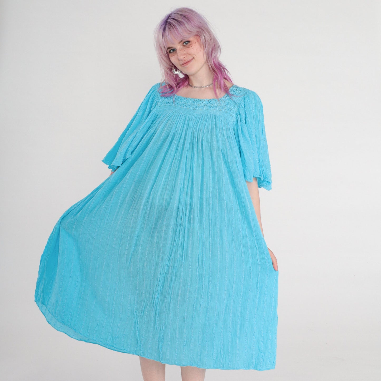 80s Blue Cotton Gauze Midi Dress Embroidered Cutout Flutter Sleeve Medium Large