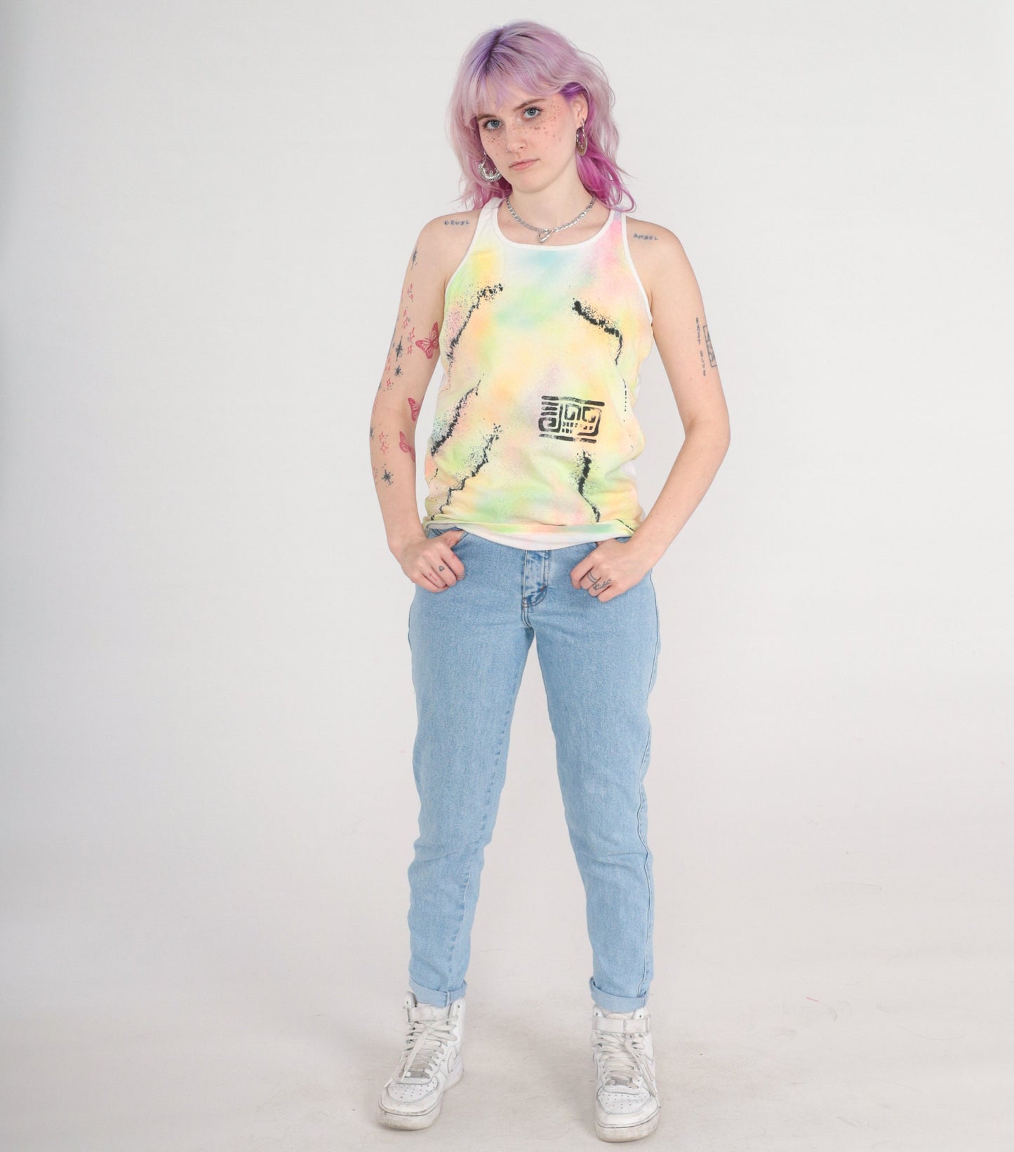 90s Airbrushed Neon Geometric Tank Top White Orange Green Small S