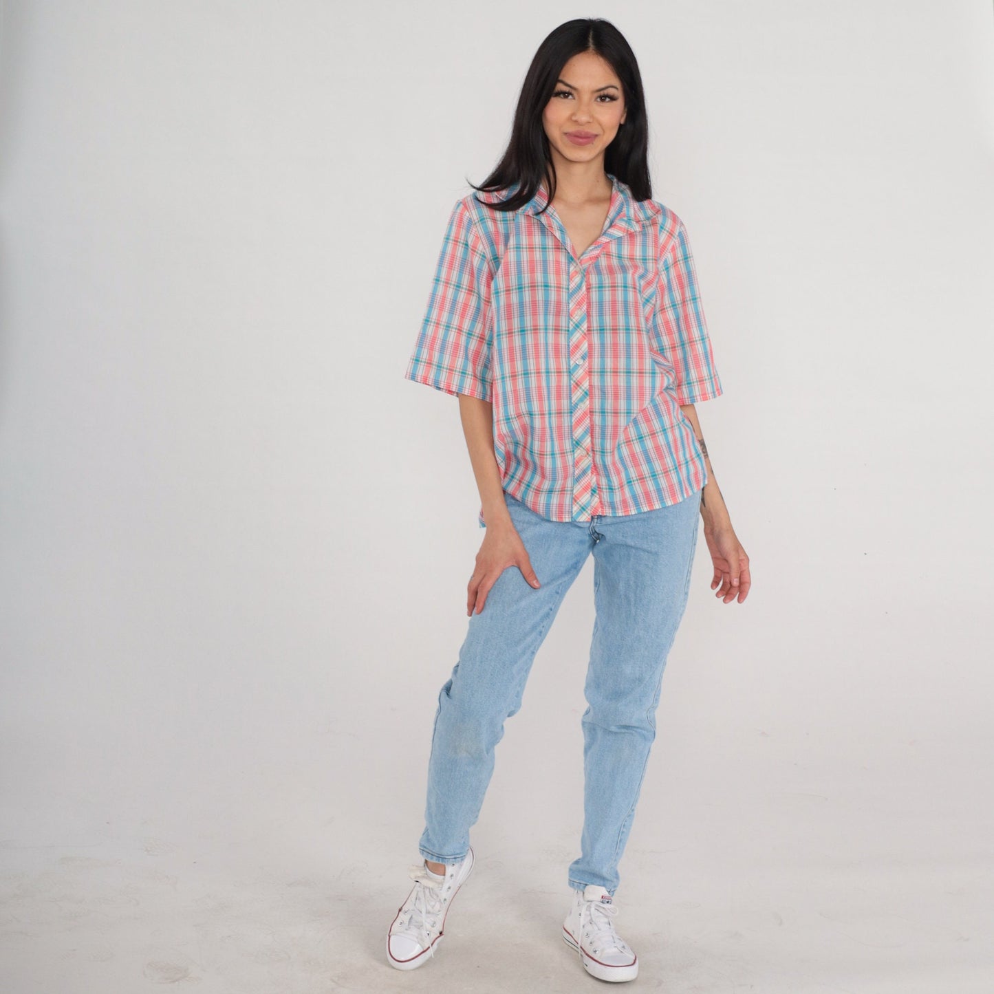 80s Plaid Button-Up Blouse Pink White Blue Checkered Short Sleeve Large L
