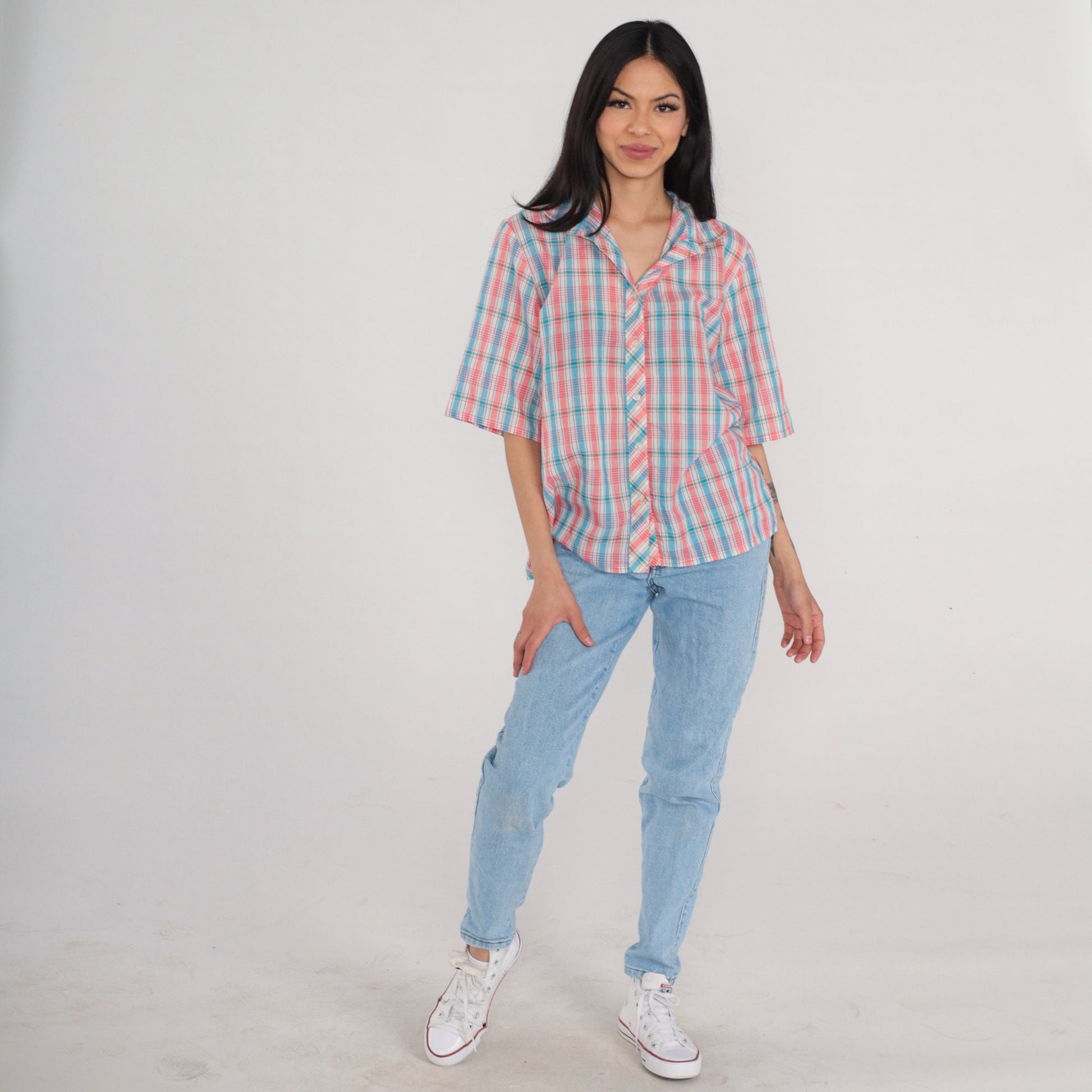 80s Plaid Button-Up Blouse Pink White Blue Checkered Short Sleeve Large L