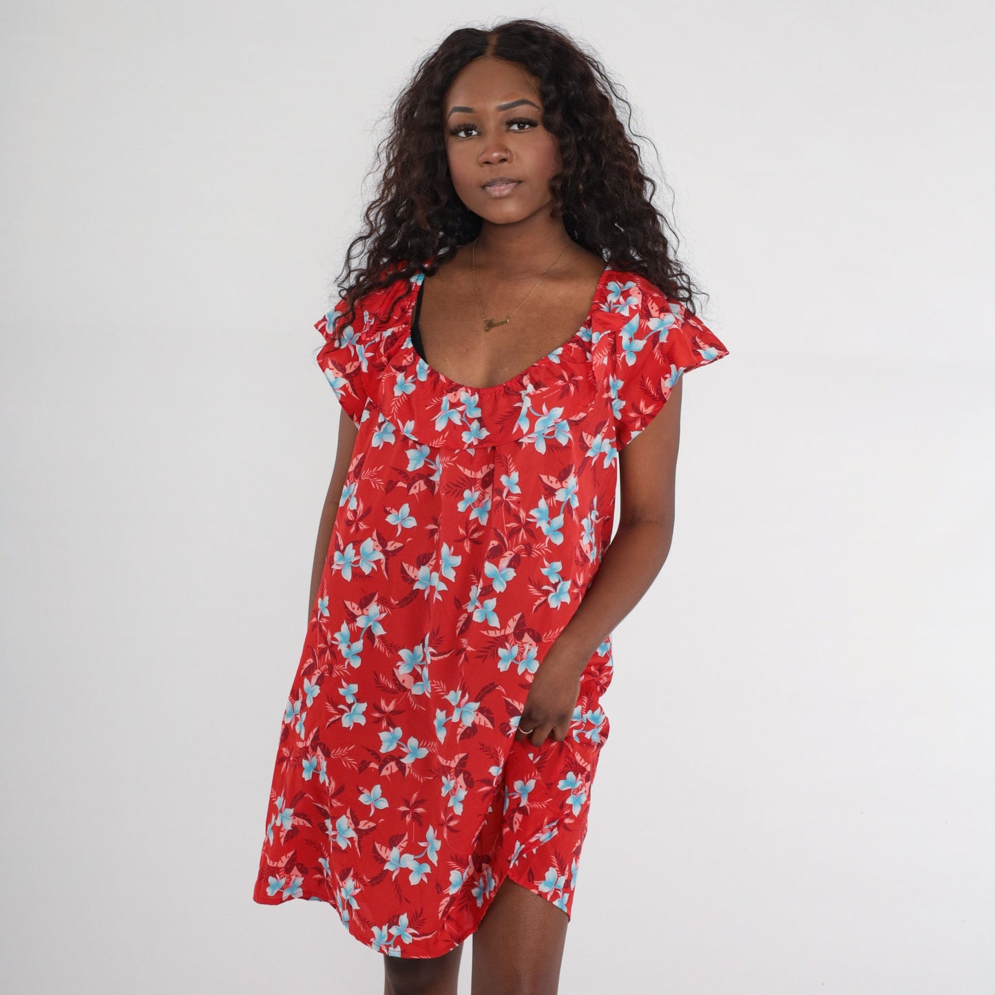 80s Hawaiian Floral Mini Dress Red Shift Short Sleeve Large
