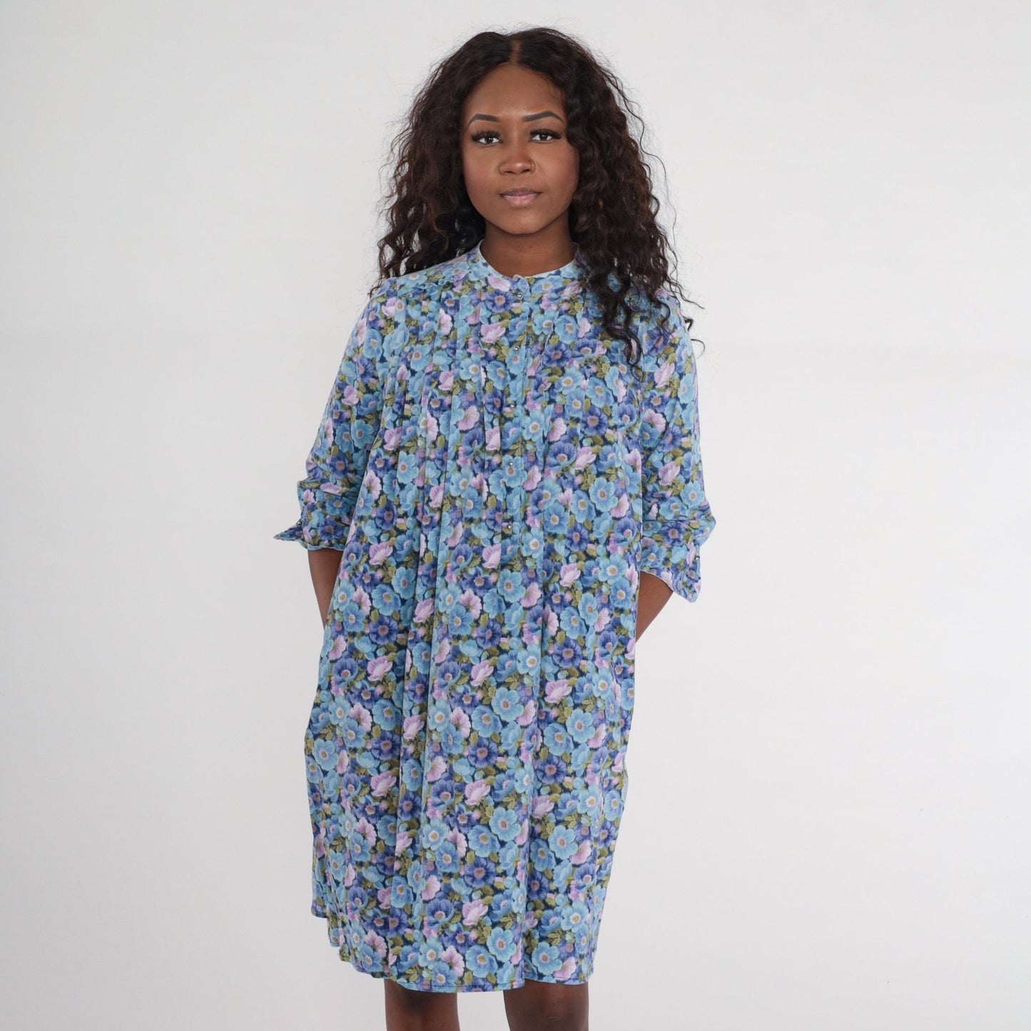 80s Floral Tent Dress Blue Purple Button Up 3/4 Sleeve Mini Small