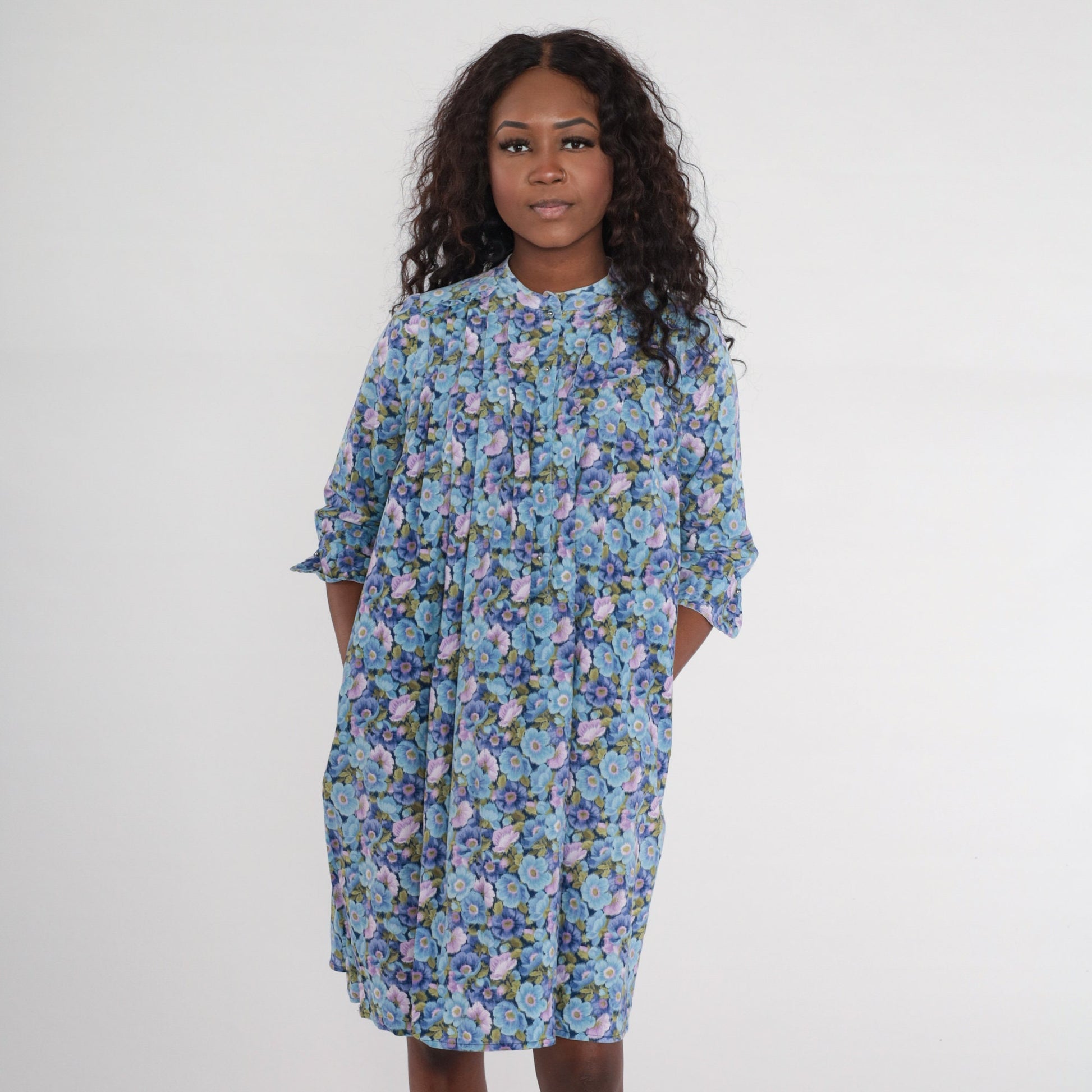 80s Floral Tent Dress Blue Purple Button Up 3/4 Sleeve Mini Small