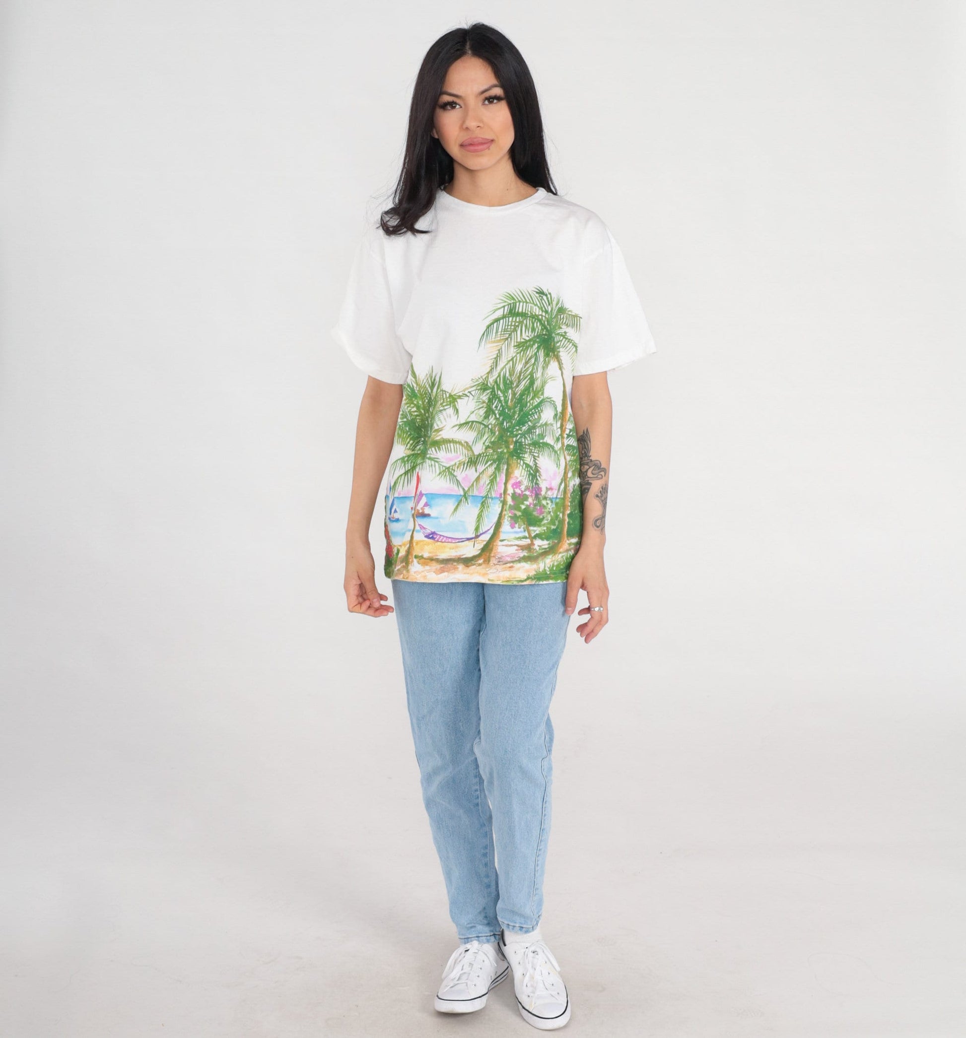 90s Beach Graphic T-Shirt Palm Tree Hammock Island White Cotton Medium