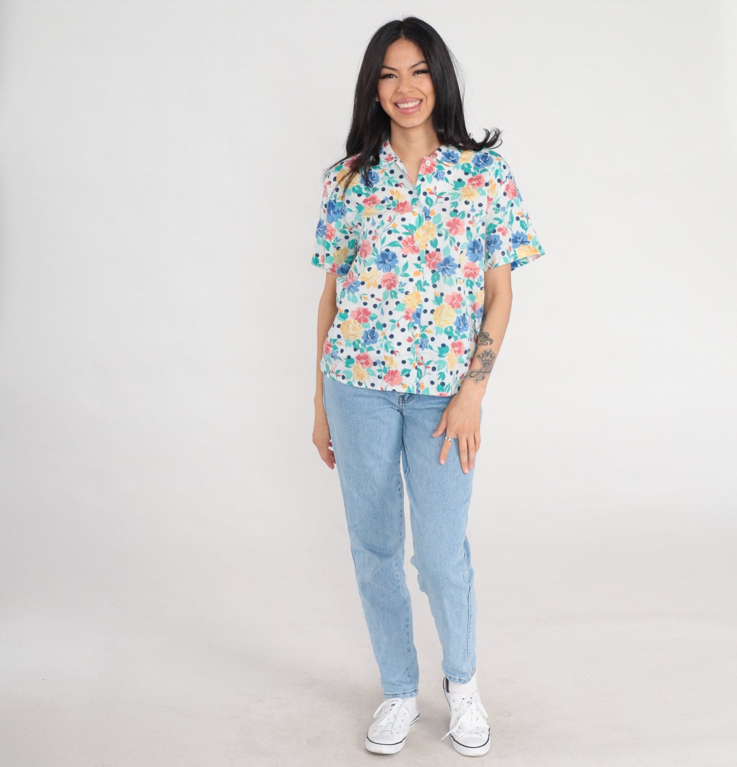 80s Floral Polka Dot Button-Up Blouse White Short Sleeve Medium M