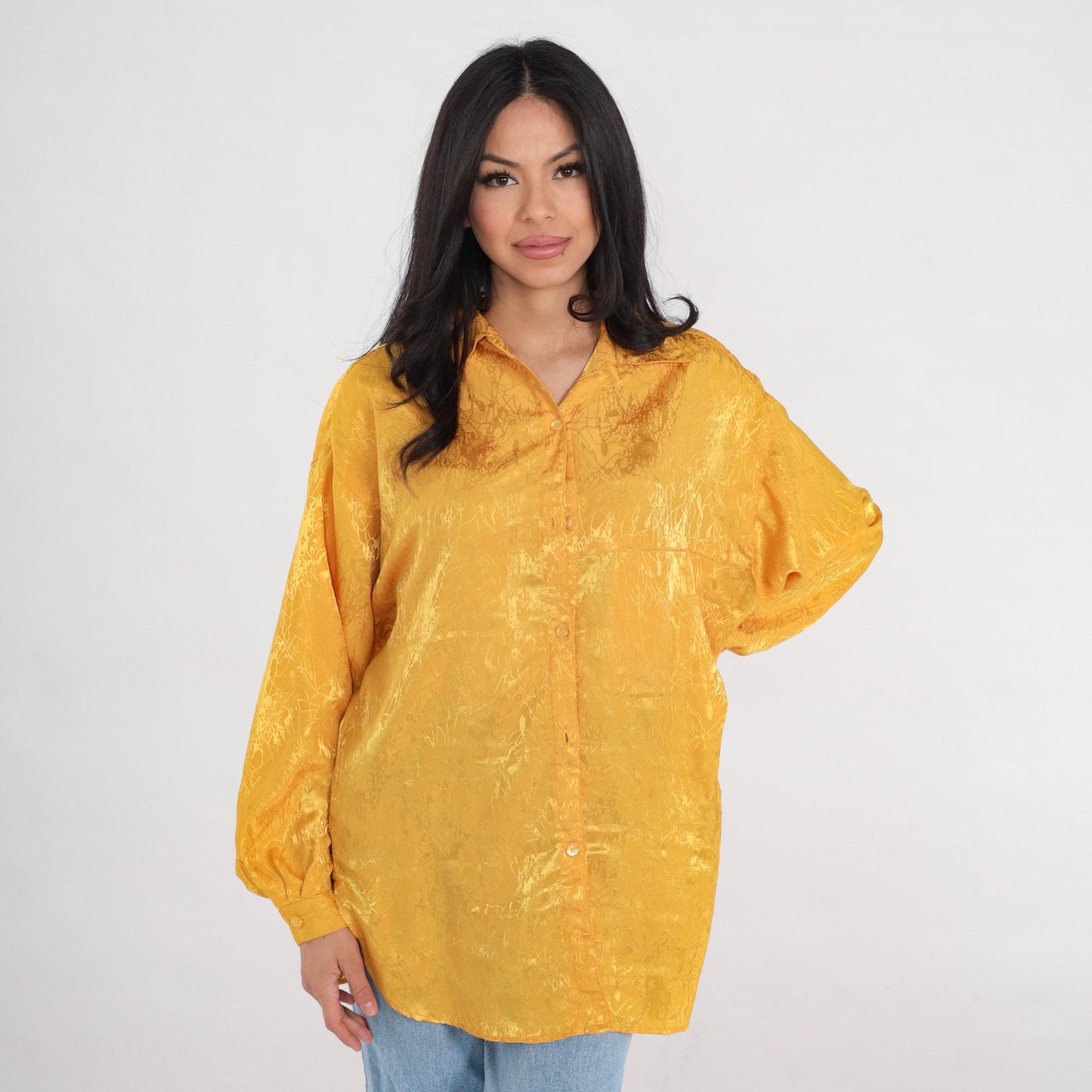 80s Yellow Embossed Abstract Button-Up Blouse Long Sleeve Collared Large L