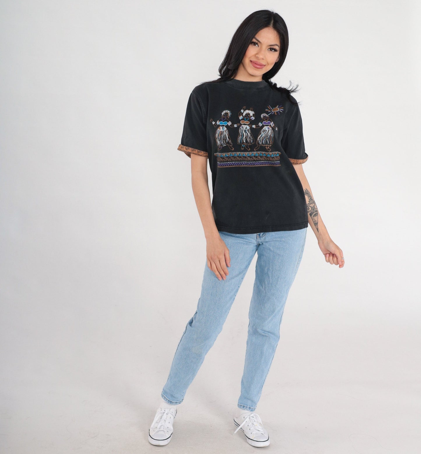 90s Hawaii Hula Dancer Graphic T-Shirt Black Cotton Cuffed Sleeve Medium M
