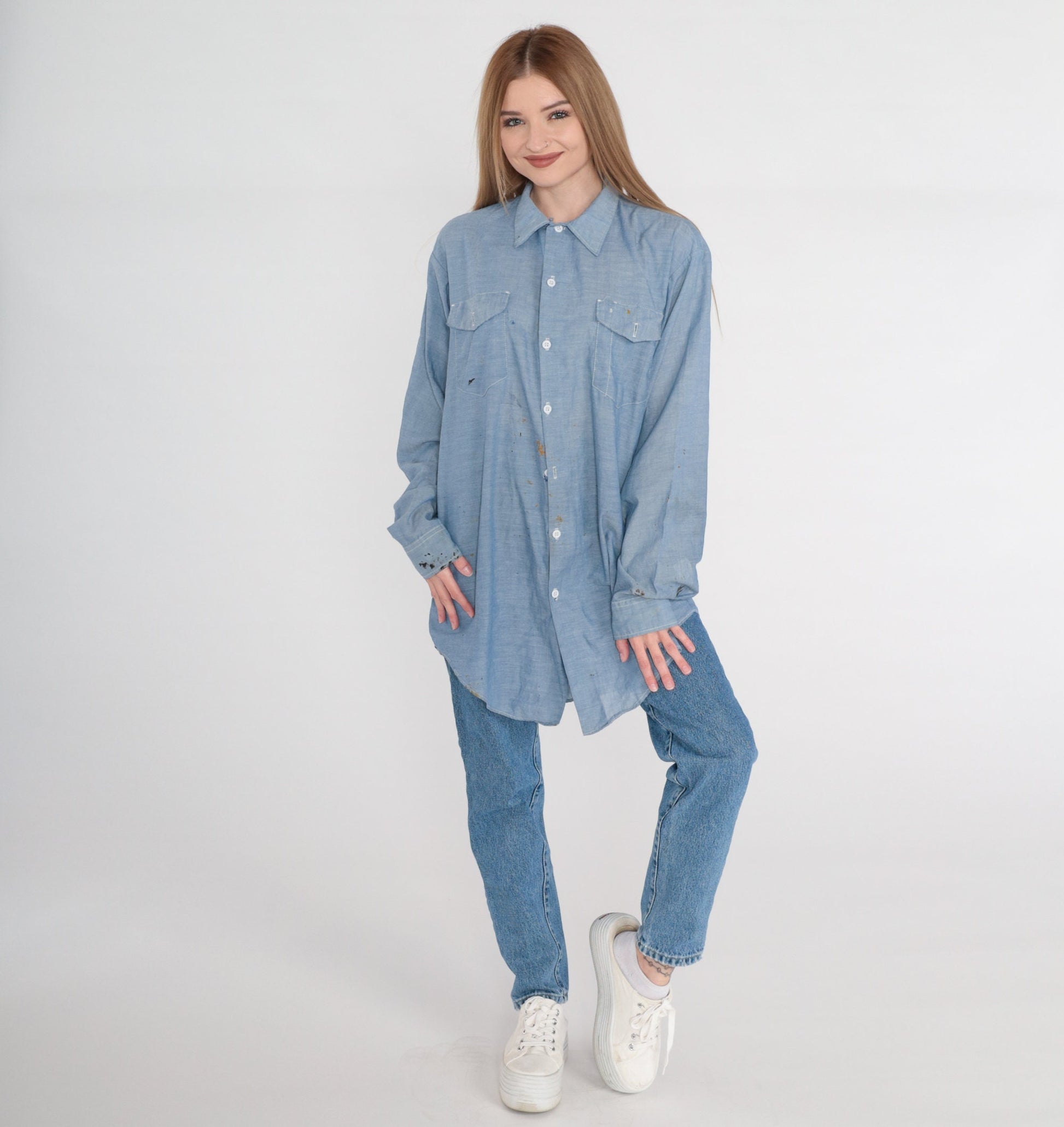 80s Key Imperial Chambray Button-Up Shirt Blue Paint Splatter Distressed XL