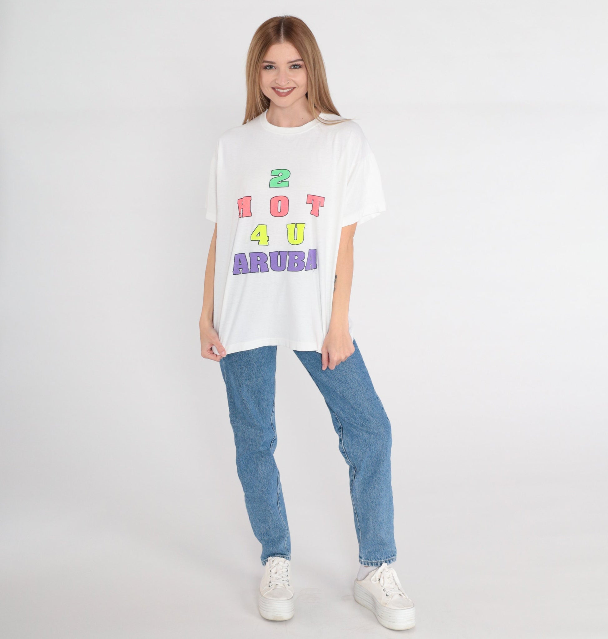 90s 2 Hot 4 U Aruba Jamaica Graphic T-Shirt White Single Stitch Medium