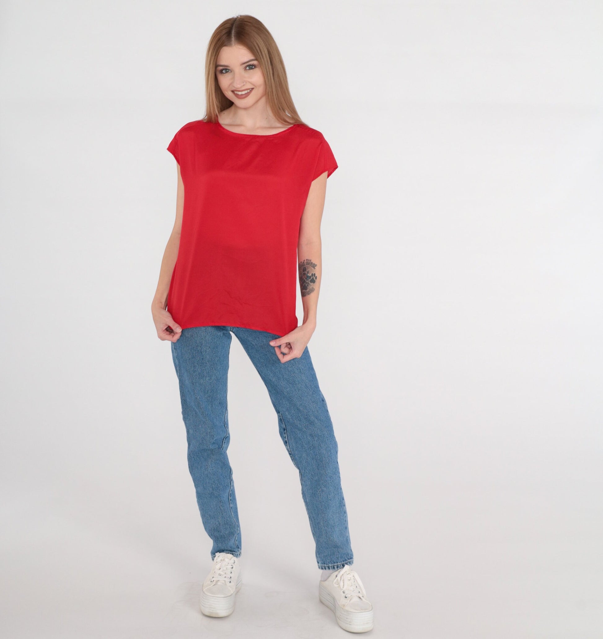 90s Red Cap Sleeve Blouse Plain Vintage Shirt Medium