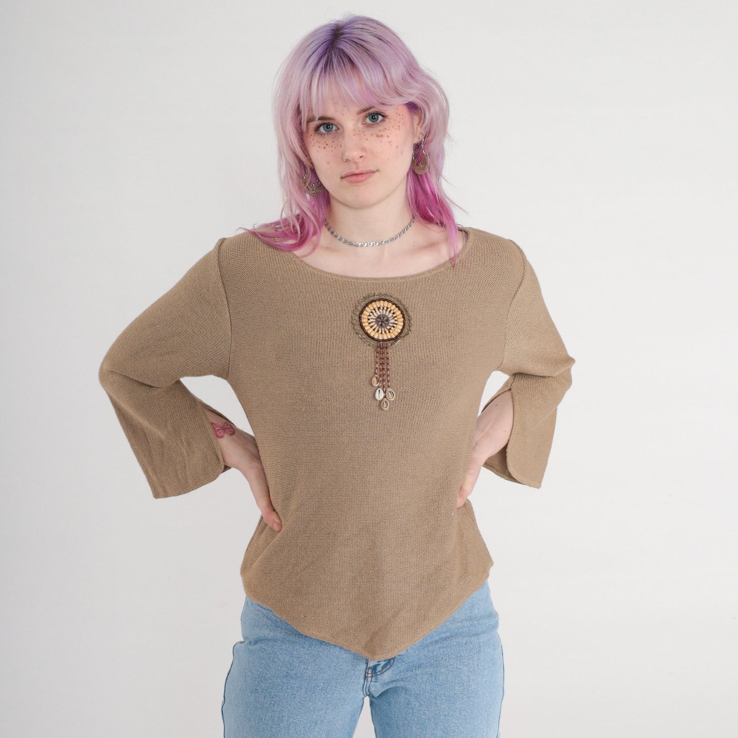 90s Taupe Knit Sweater Beaded Seashell Fringe Bell Sleeve Small