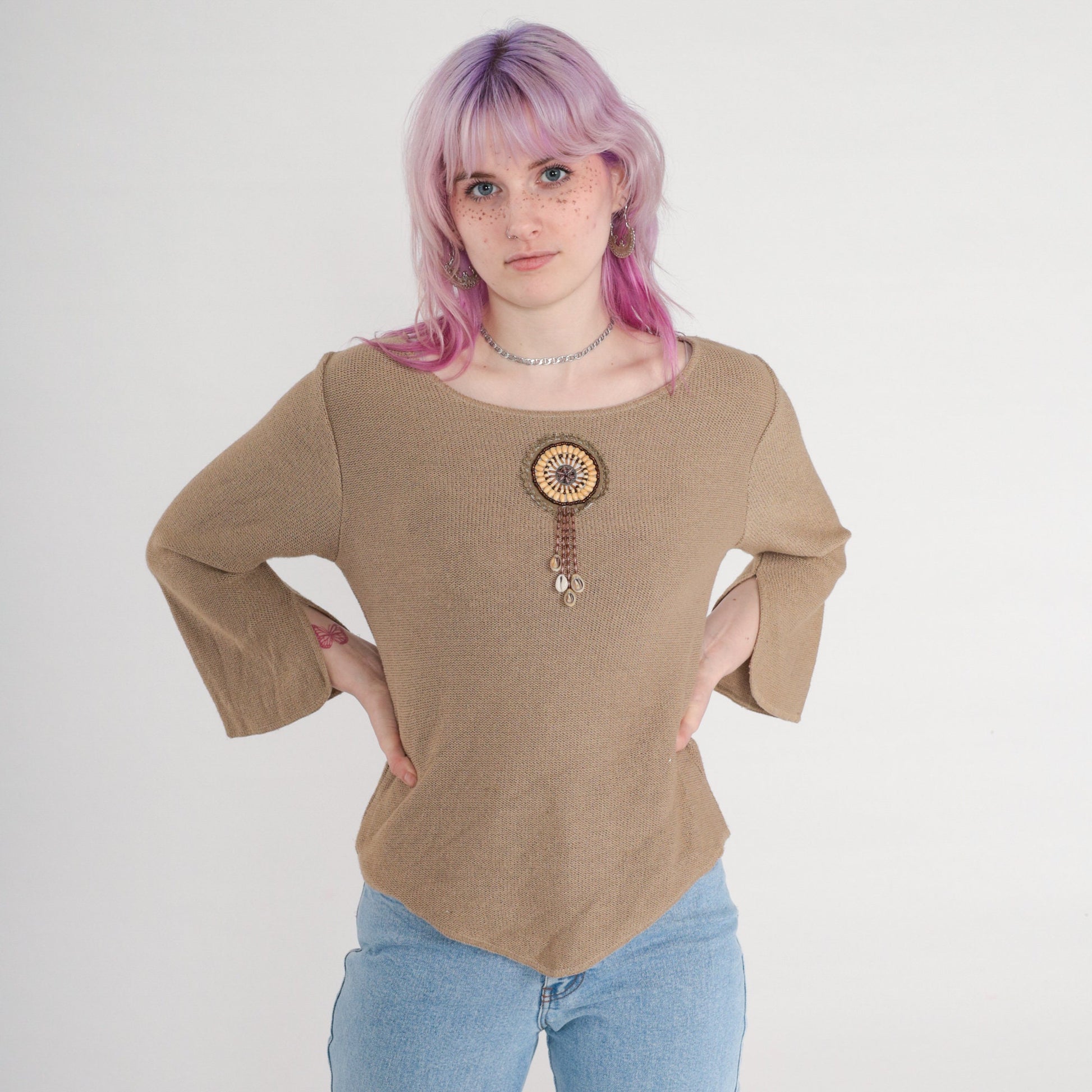 90s Taupe Knit Sweater Beaded Seashell Fringe Bell Sleeve Small