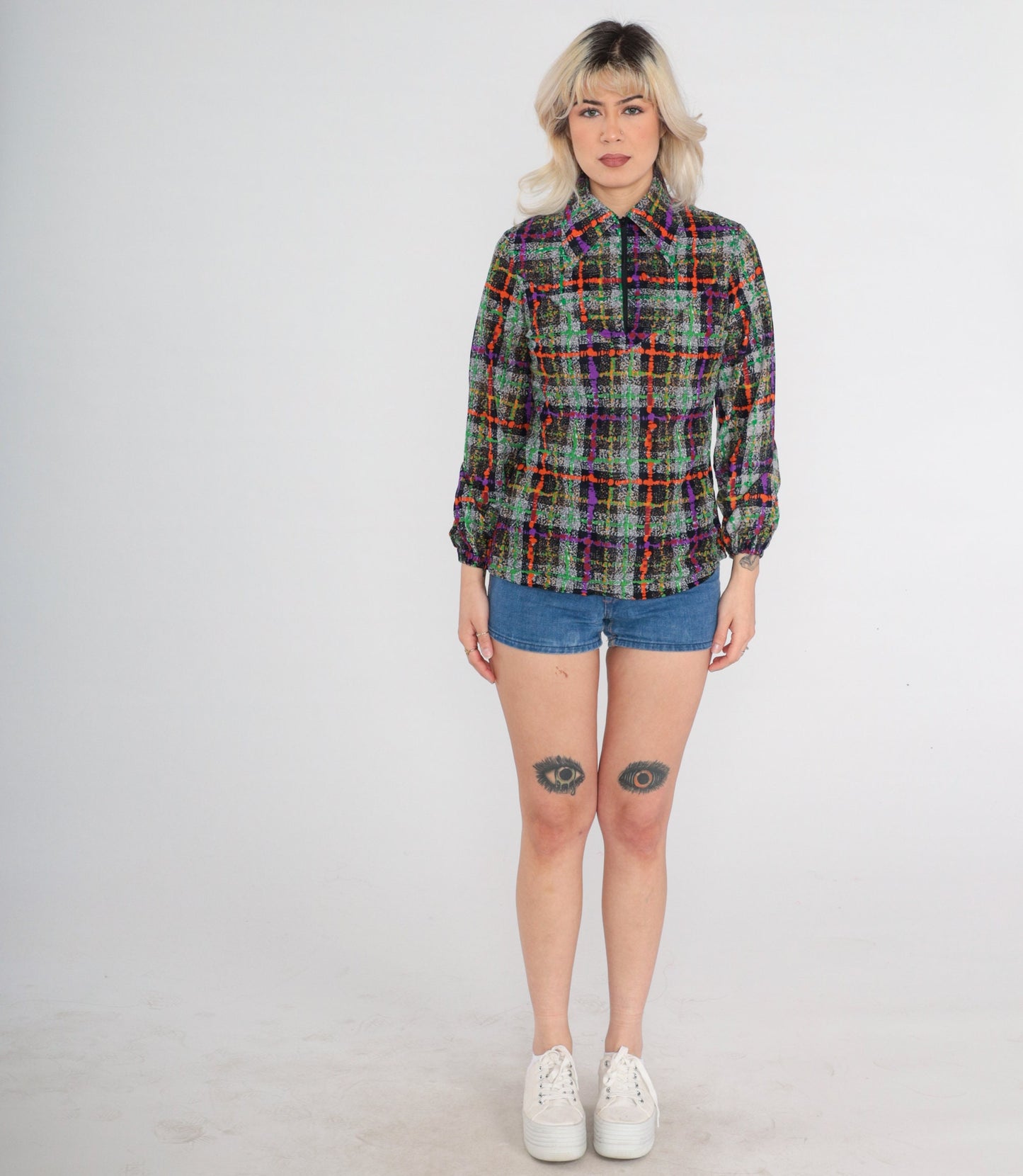 70s Panhandle Slim Checkered Zip Blouse Dagger Collar Multicolor Small S
