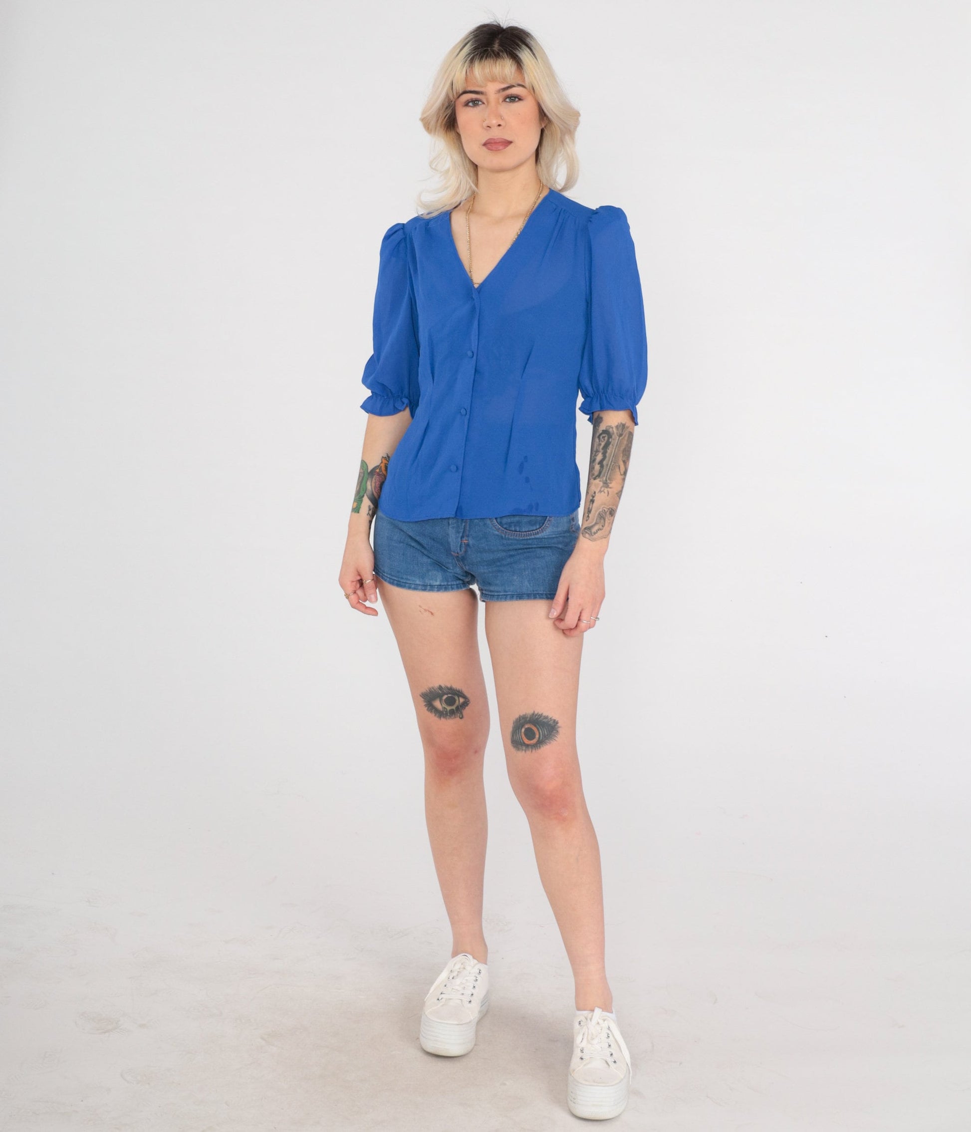 70s Royal Blue Sheer Blouse Puff Sleeve Button Up V Neck Small