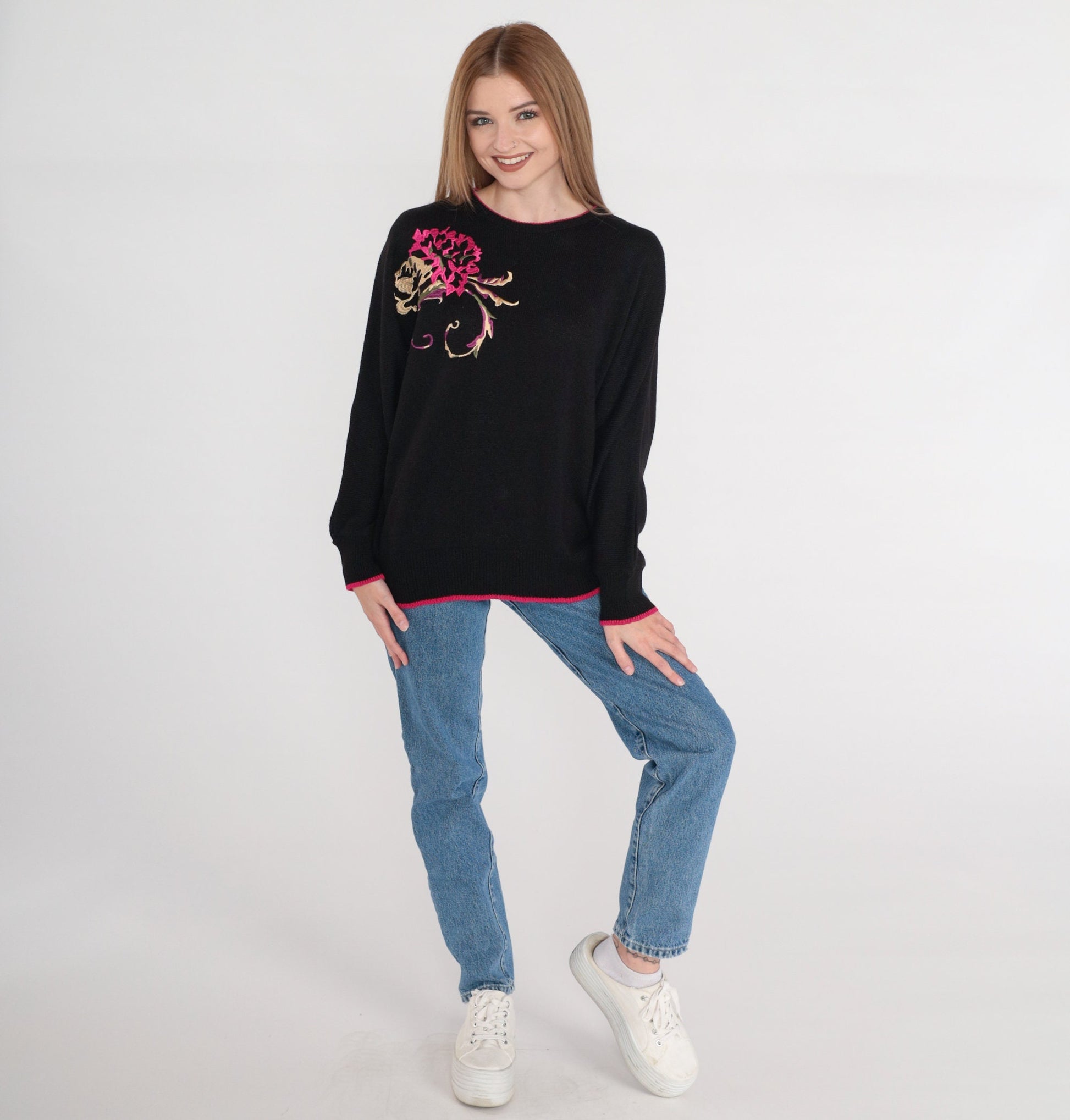 80s Black Knit Sweater Pink Purple Embroidered Floral Pullover Medium M