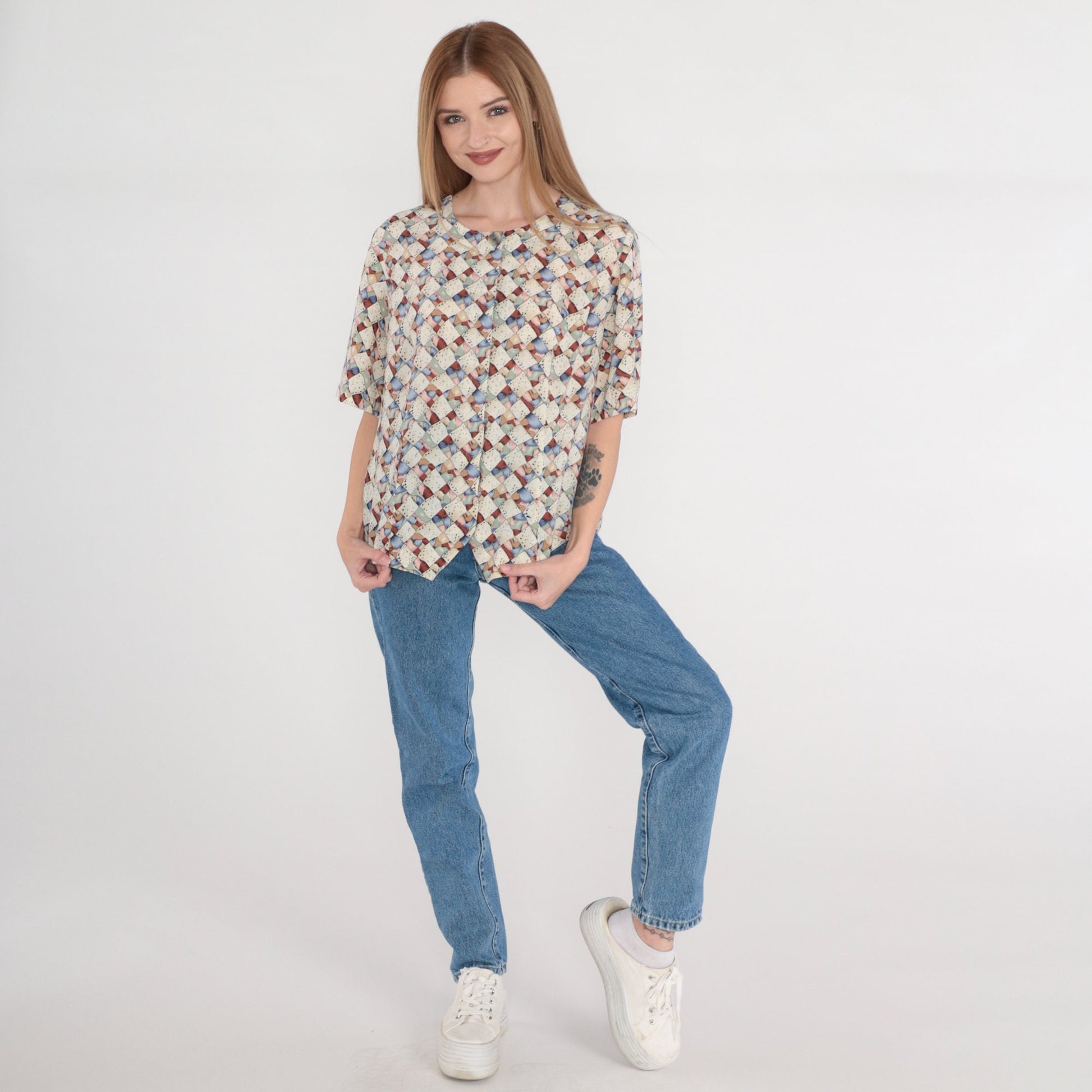 Y2K Abstract Print Button-Up Blouse Short Sleeve Multicolor Op Art Top Large 12