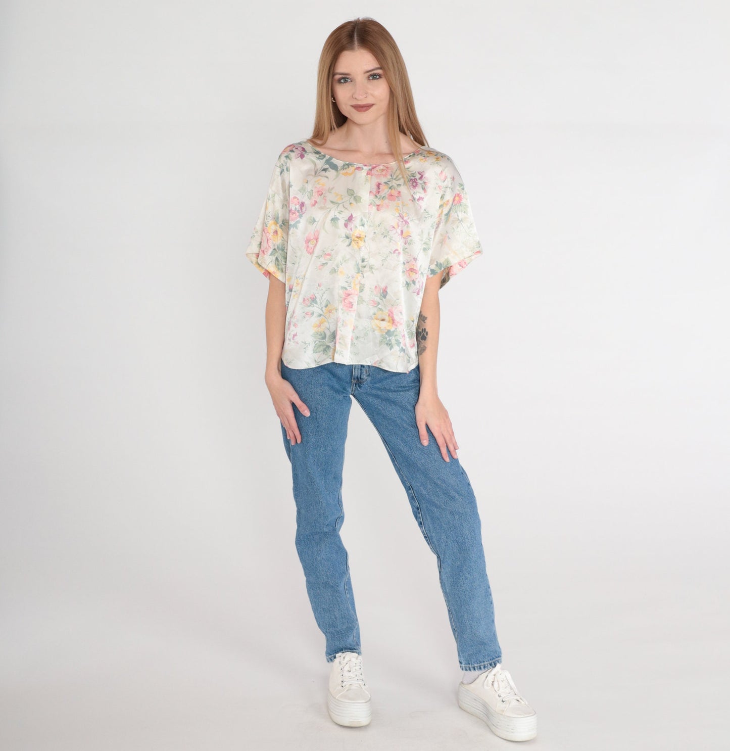 90s Barbizon Floral Satin Pajama Top Cream Half-Button Sleep Shirt Large L