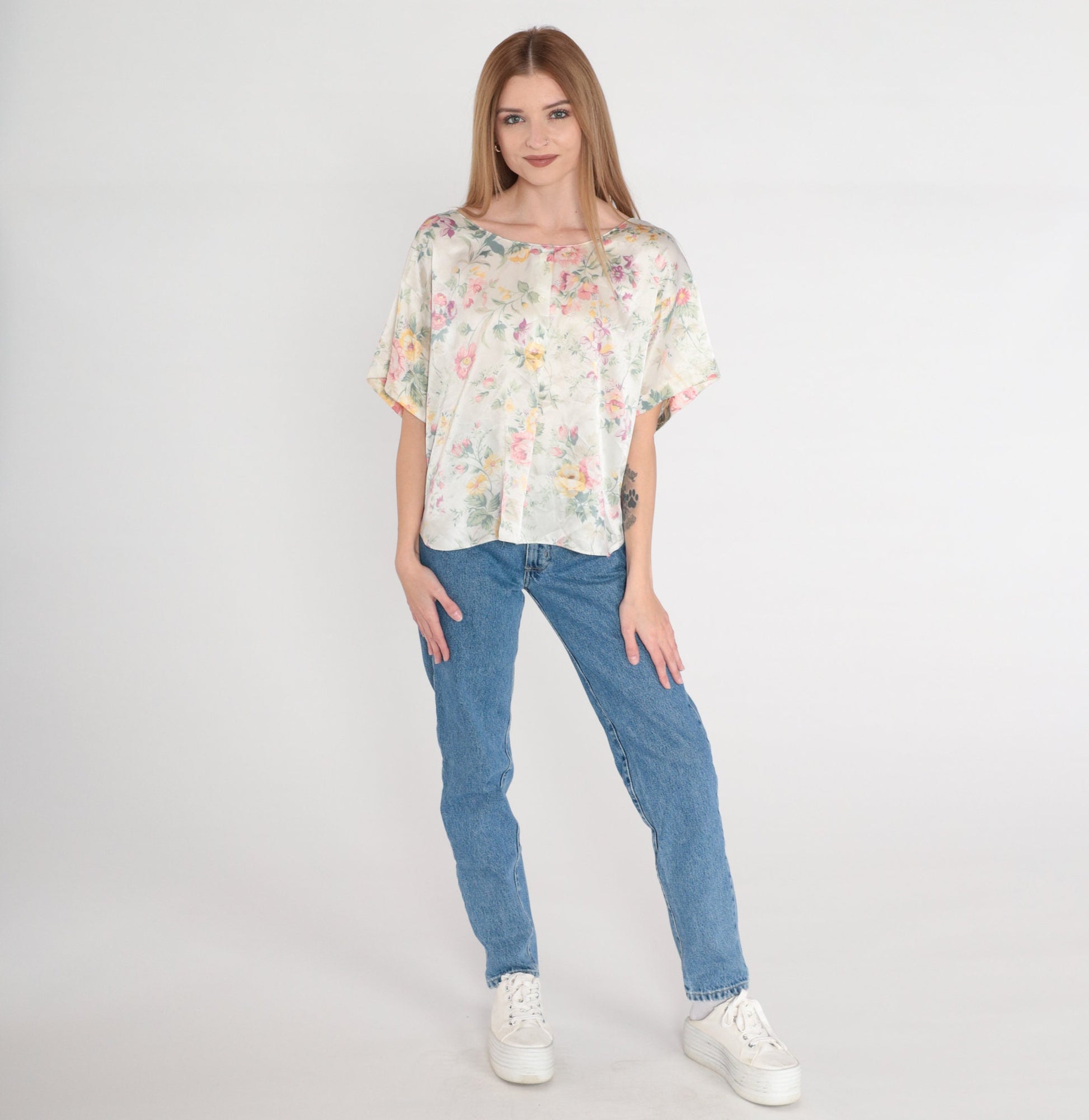90s Barbizon Floral Satin Pajama Top Cream Half-Button Sleep Shirt Large L