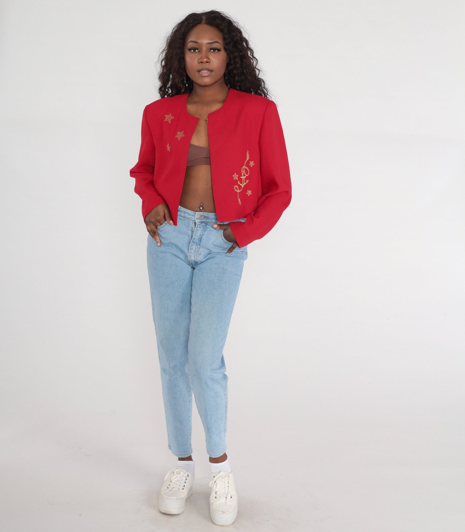 90s Red Cropped Jacket Gold Star Embroidered Open Front Blazer Extra Large XXL