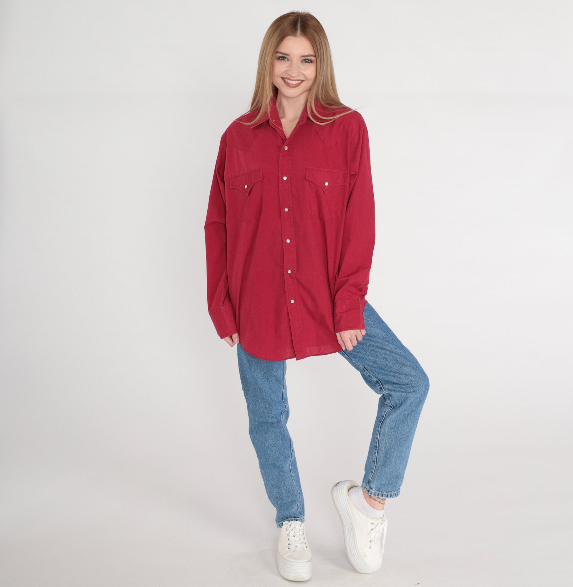 90s Red Western Pearl Snap Shirt Cowboy Button Up Medium M