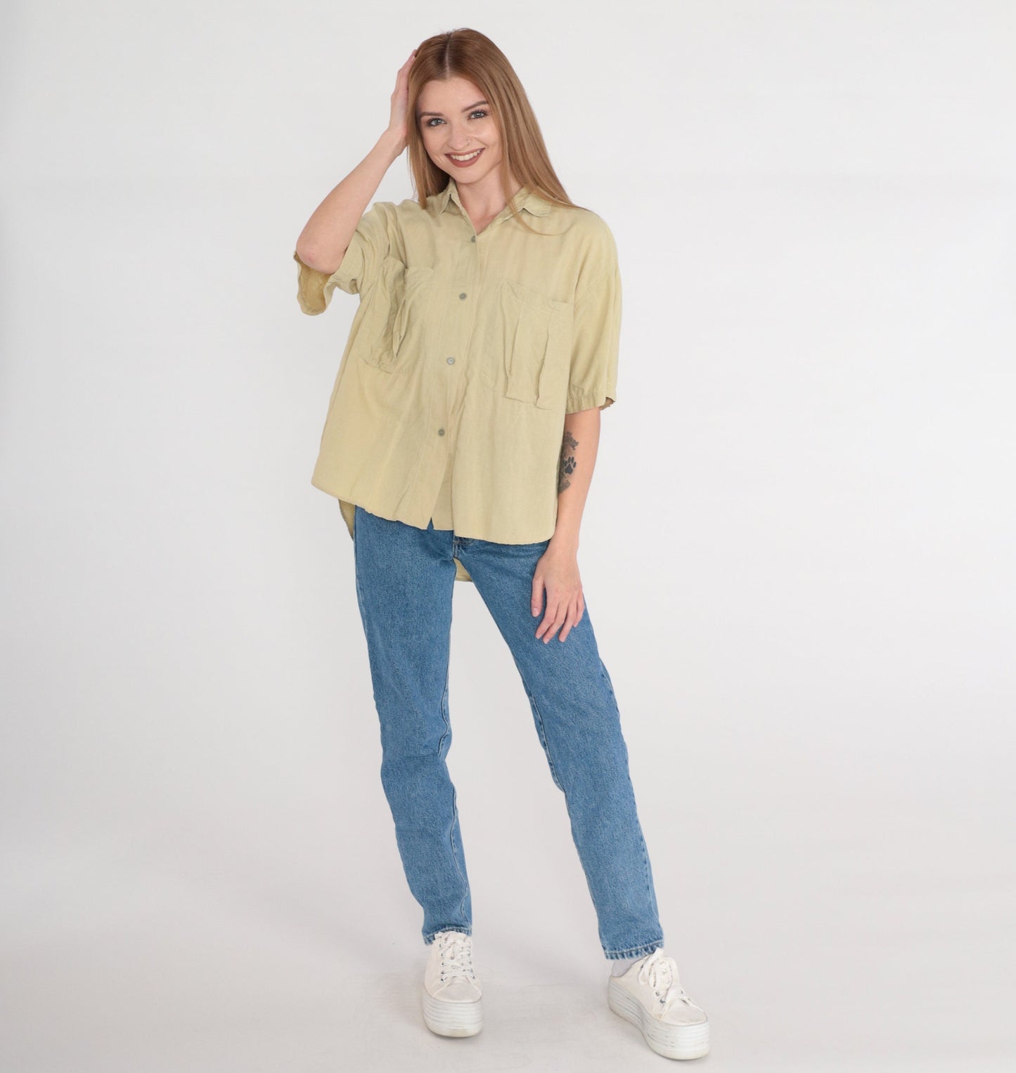90s Green Cotton Button-Up Shirt Chest Pocket Short Sleeve Medium