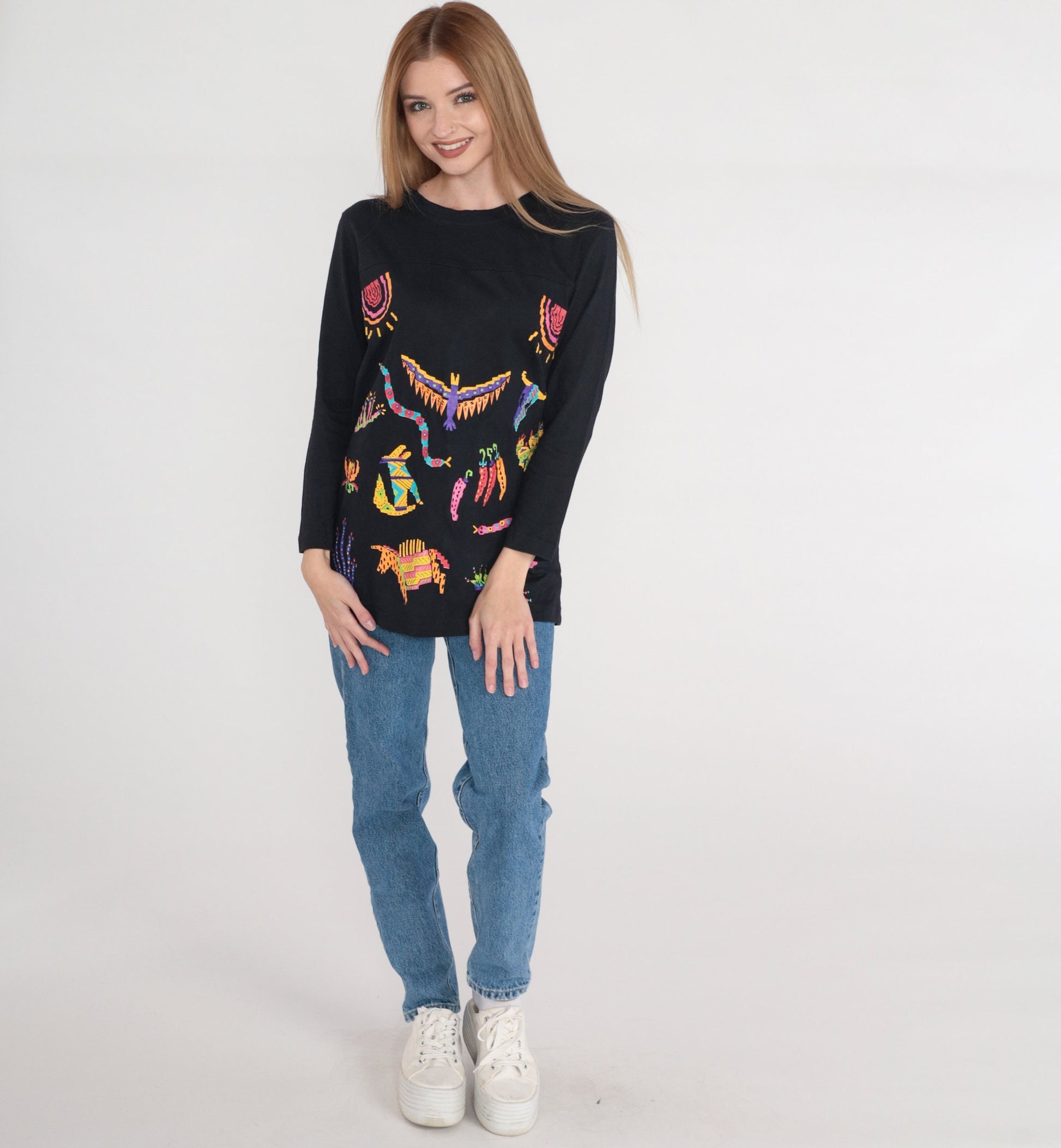 90s Southwestern Graphic Long Sleeve Tee Black Cotton Small