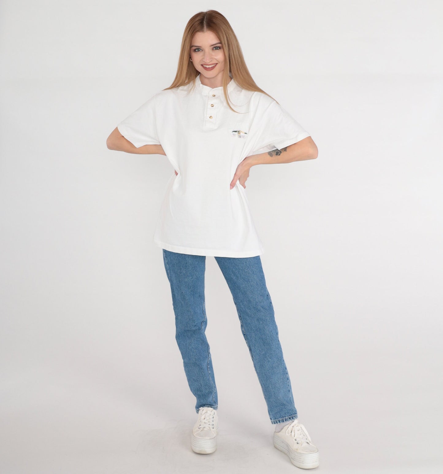 90s Alaska Whale Embroidered Henley T-Shirt White Cotton Large L