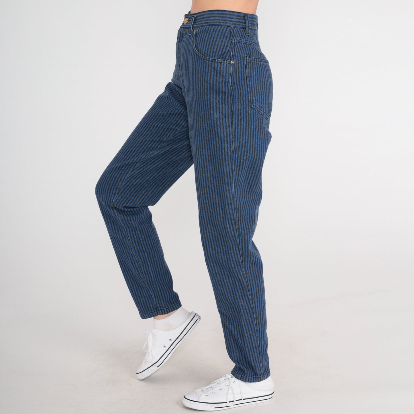 80s Liz Claiborne Striped High-Waist Tapered Jeans Black Blue Small 4