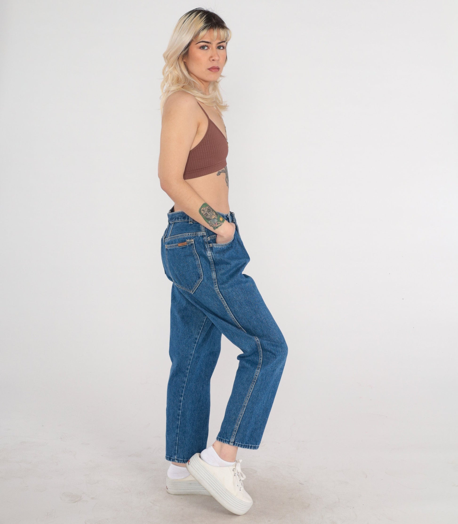 90s High Waisted Pleated Mom Jeans Tapered Denim Blue Medium