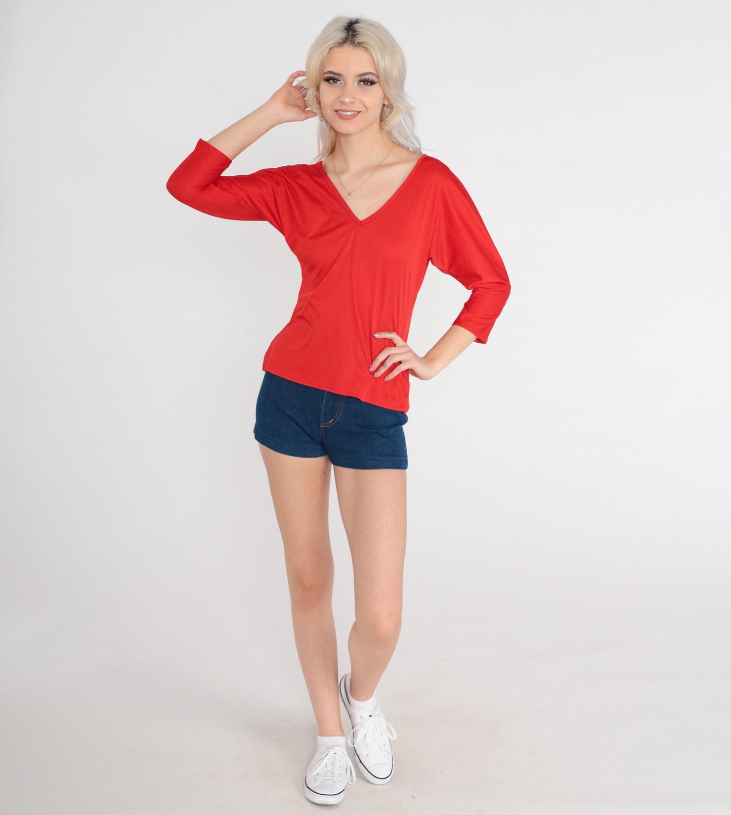 70s Red V-Neck Dolman Sleeve Blouse Polyester Vintage Small Medium