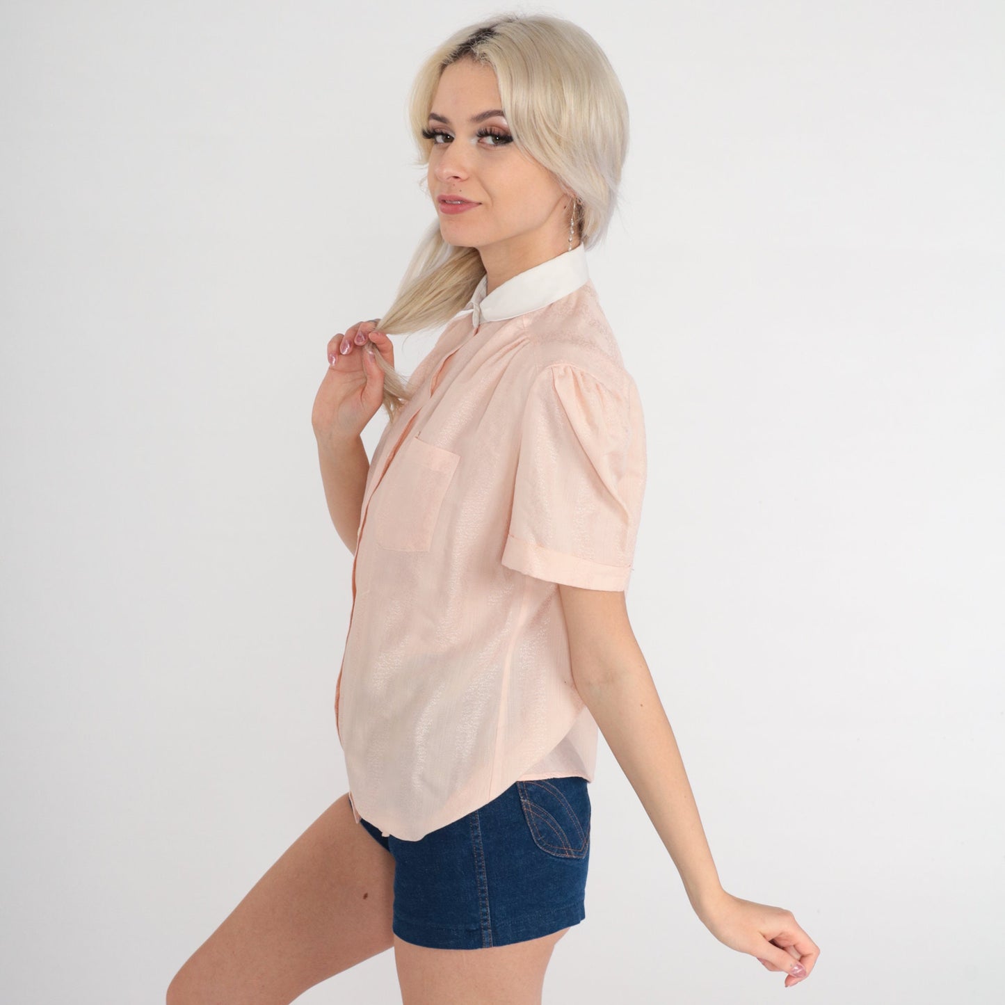 80s Peach Pink Embossed Floral Puff Sleeve Button Up Blouse Large