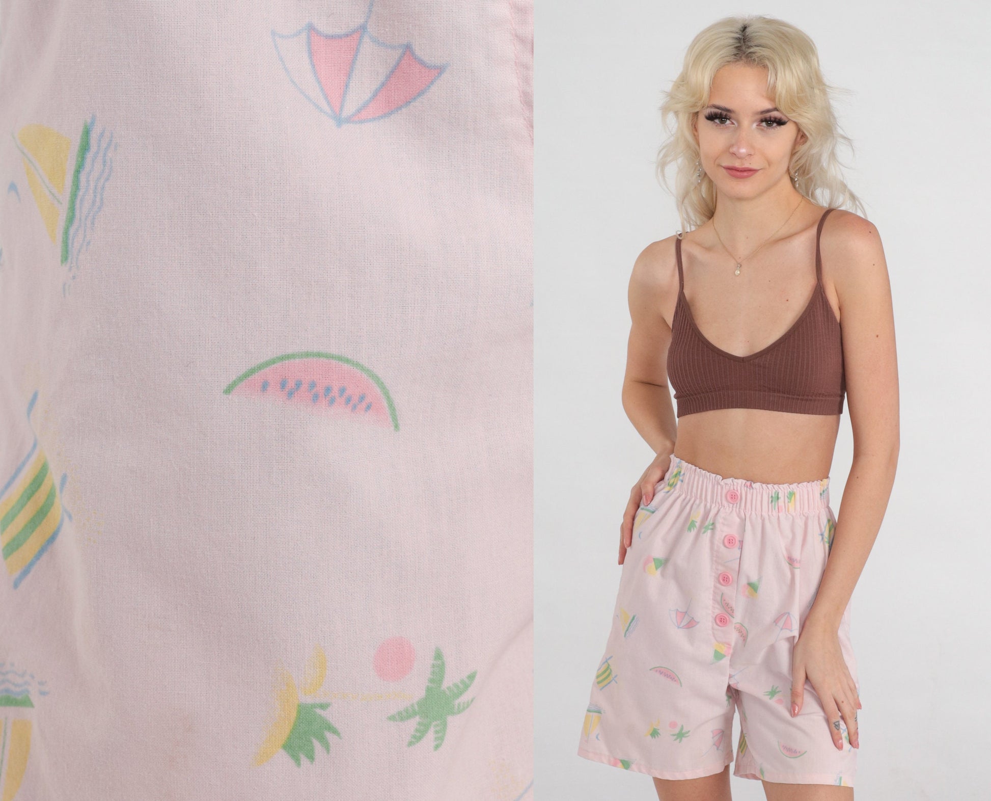 90s Pastel Pink High-Waisted Shorts Watermelon Palm Tree Sailboat Print XXS