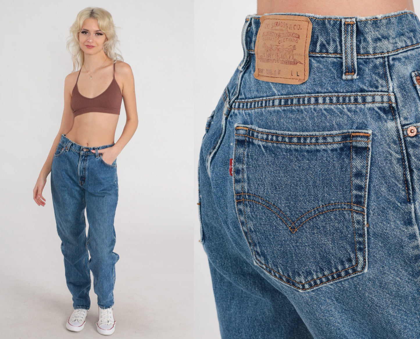90s Levi's 550 High Waisted Tapered Jeans Blue Denim Long 11