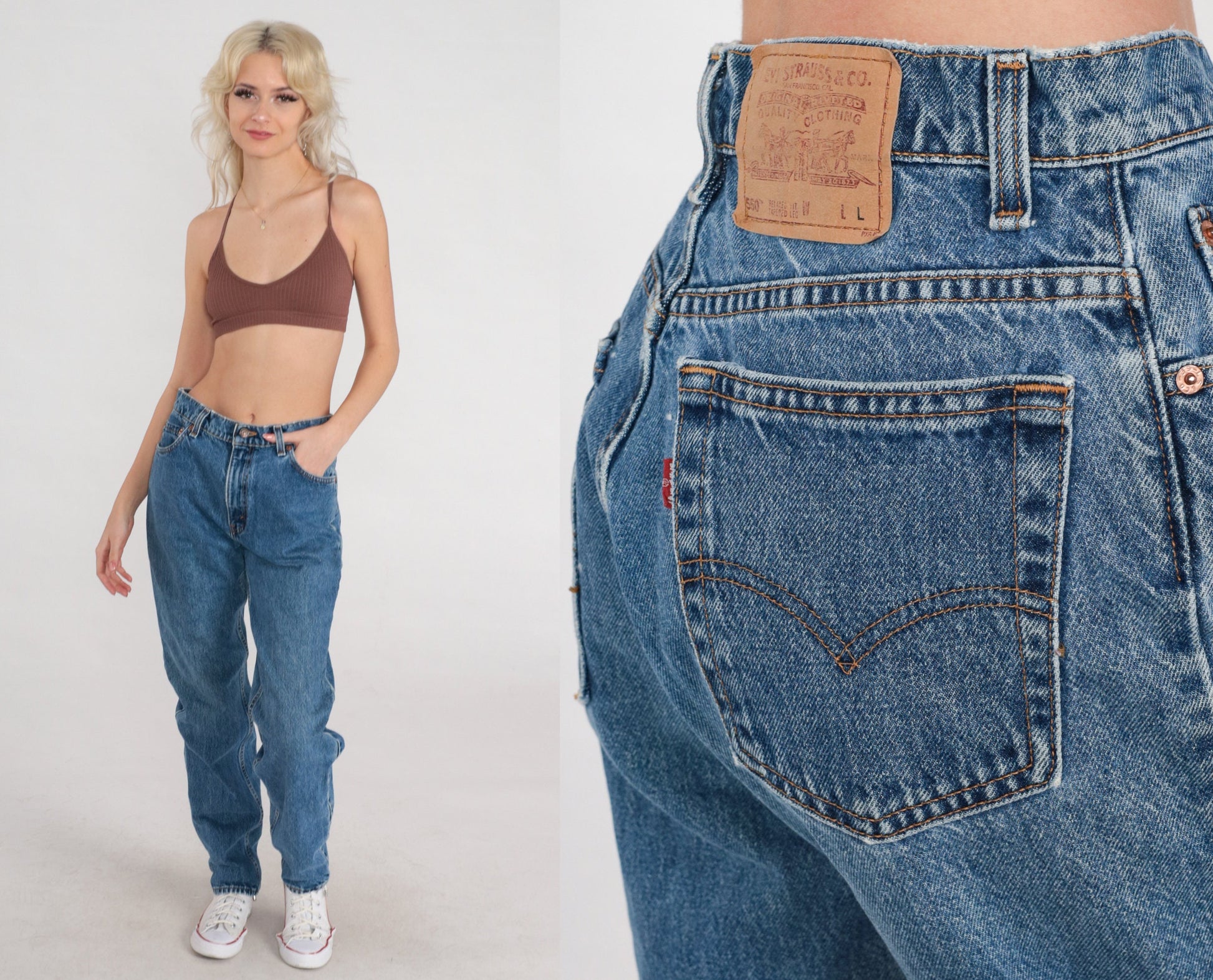 90s Levi's 550 High Waisted Tapered Jeans Blue Denim Long 11