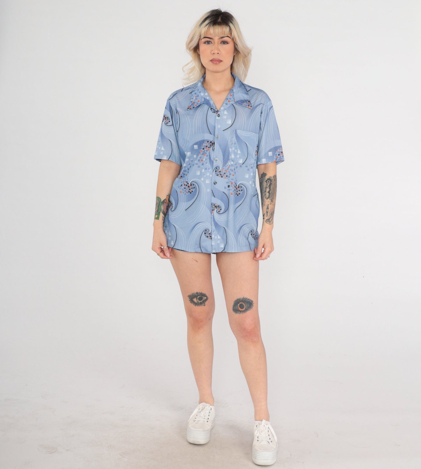 70s Blue Geometric Swirl Shirt Dagger Collar Button Up Short Sleeve Large