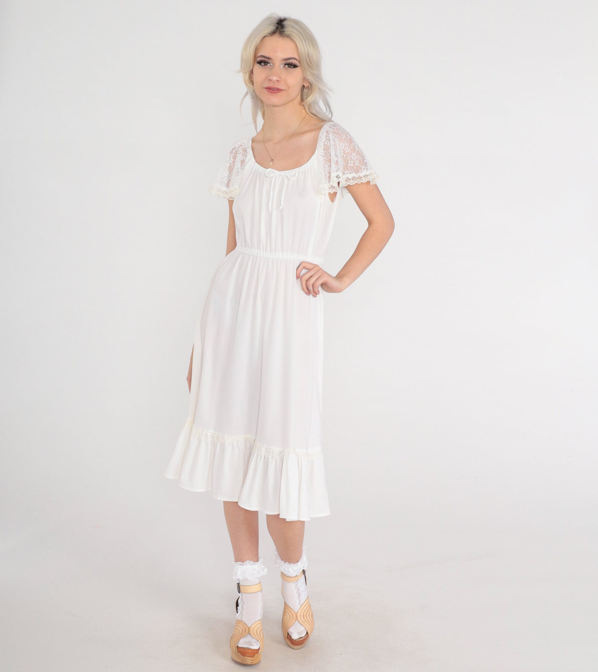 70s White Lace Flutter Sleeve Midi Dress High Waist Elastic Neckline Small Medium