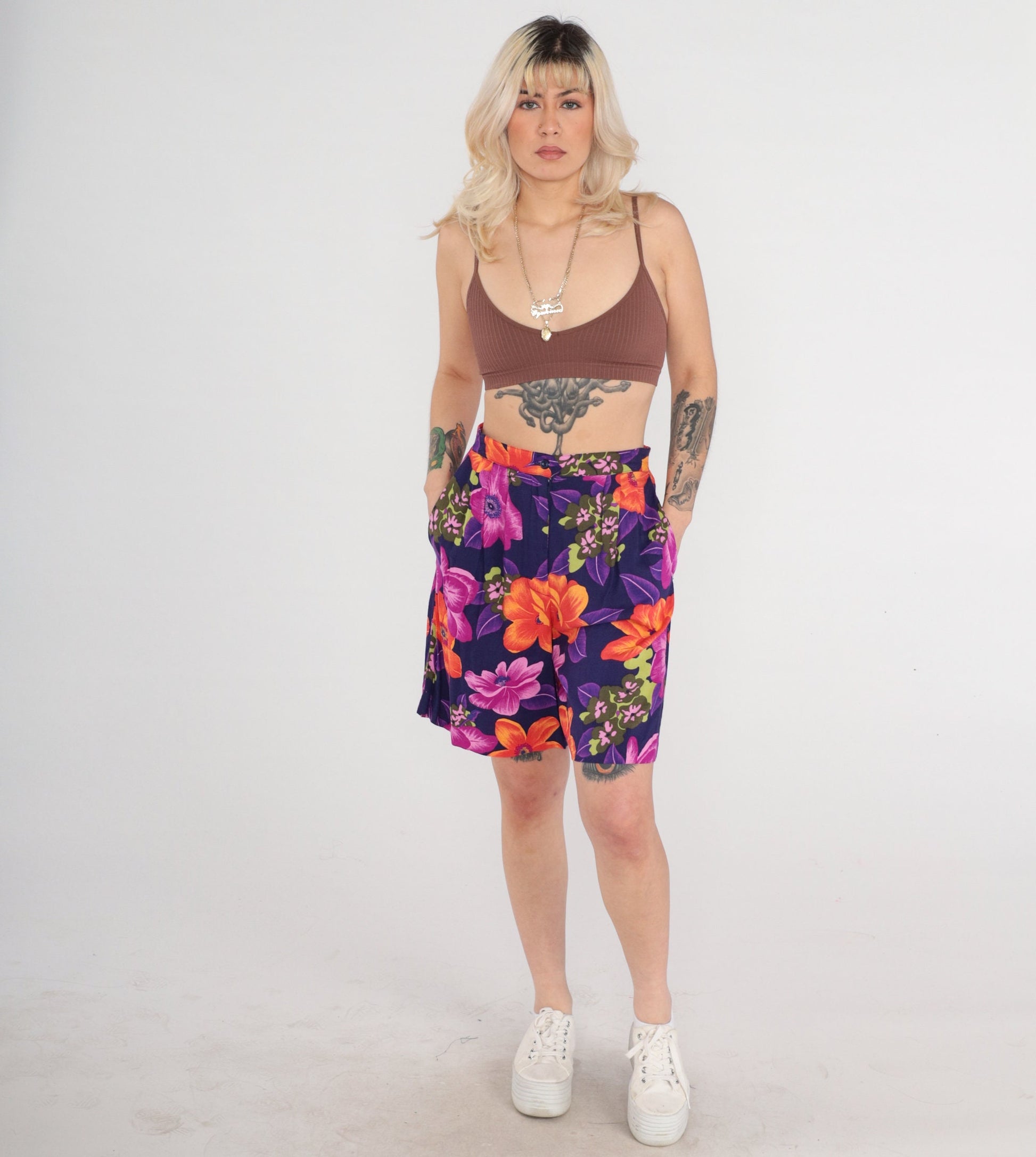 90s Tropical Floral High-Waist Shorts Purple Orange Rayon Medium