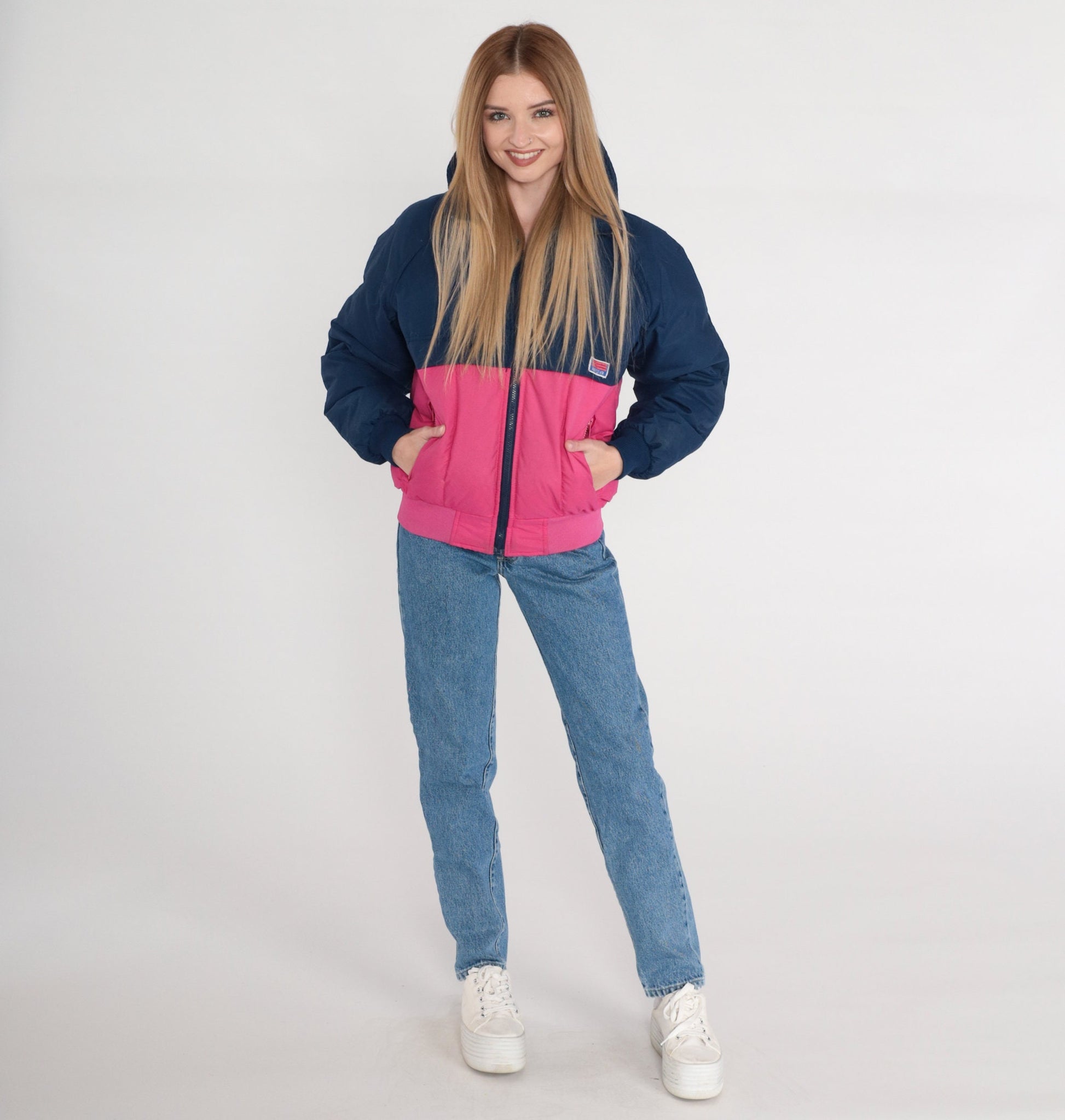 80s Sport Club Goose Down Puffer Jacket Navy Pink Color Block Ski Coat XS