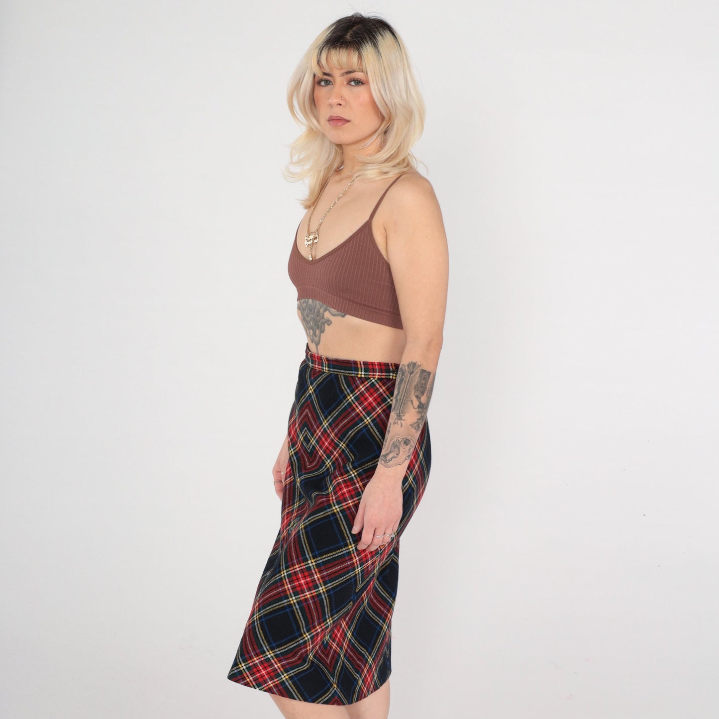 70s Wool Plaid Midi Skirt High Waist Black Red Tartan Small S