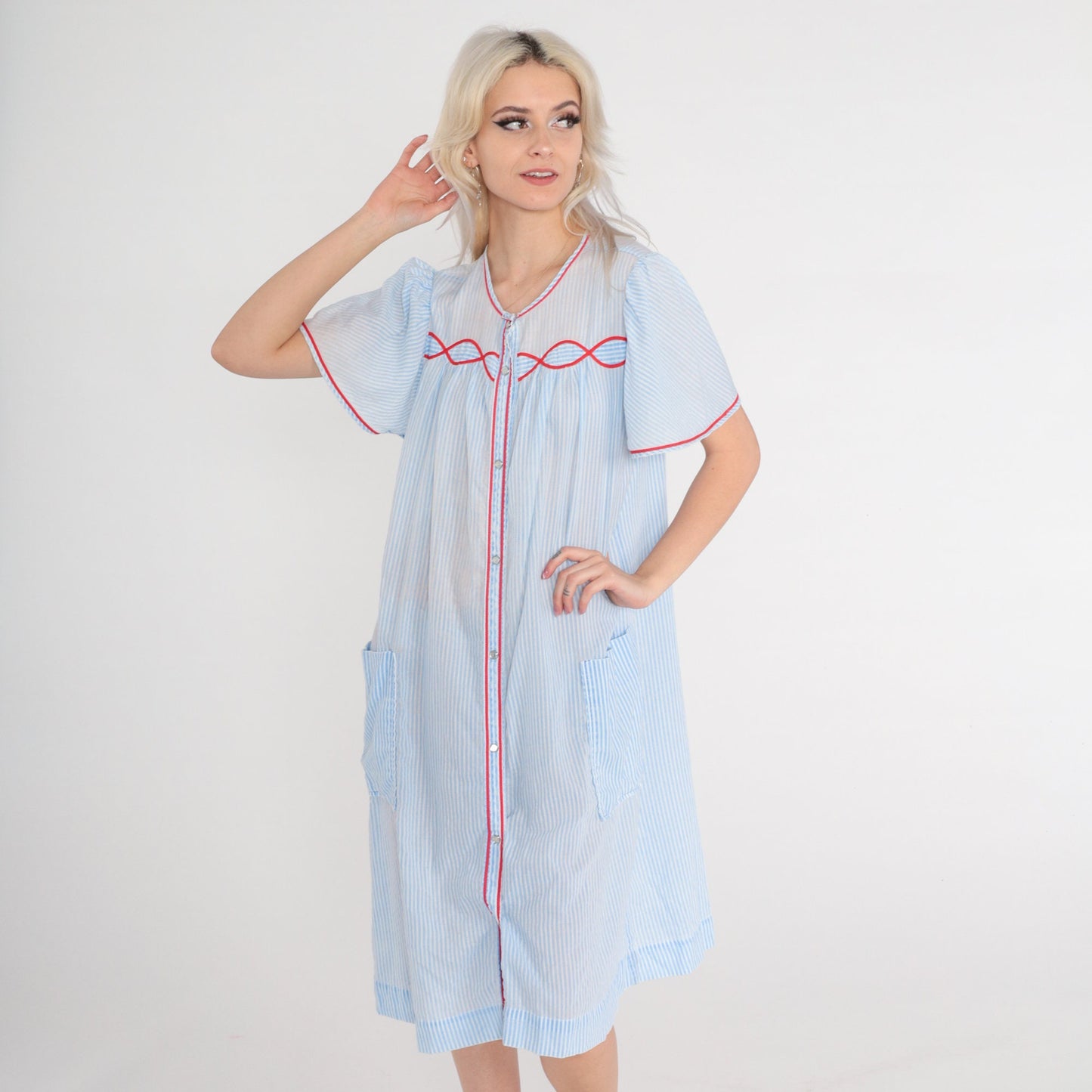 80s Striped Midi Lounge Dress Blue White Puff Sleeve Button-Up Medium