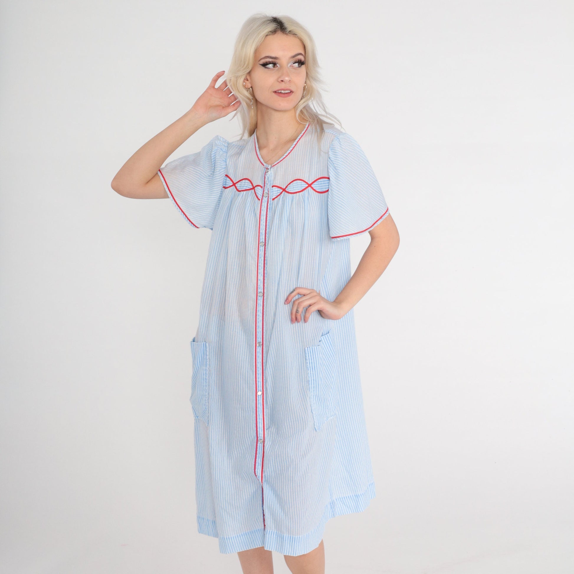 80s Striped Midi Lounge Dress Blue White Puff Sleeve Button-Up Medium