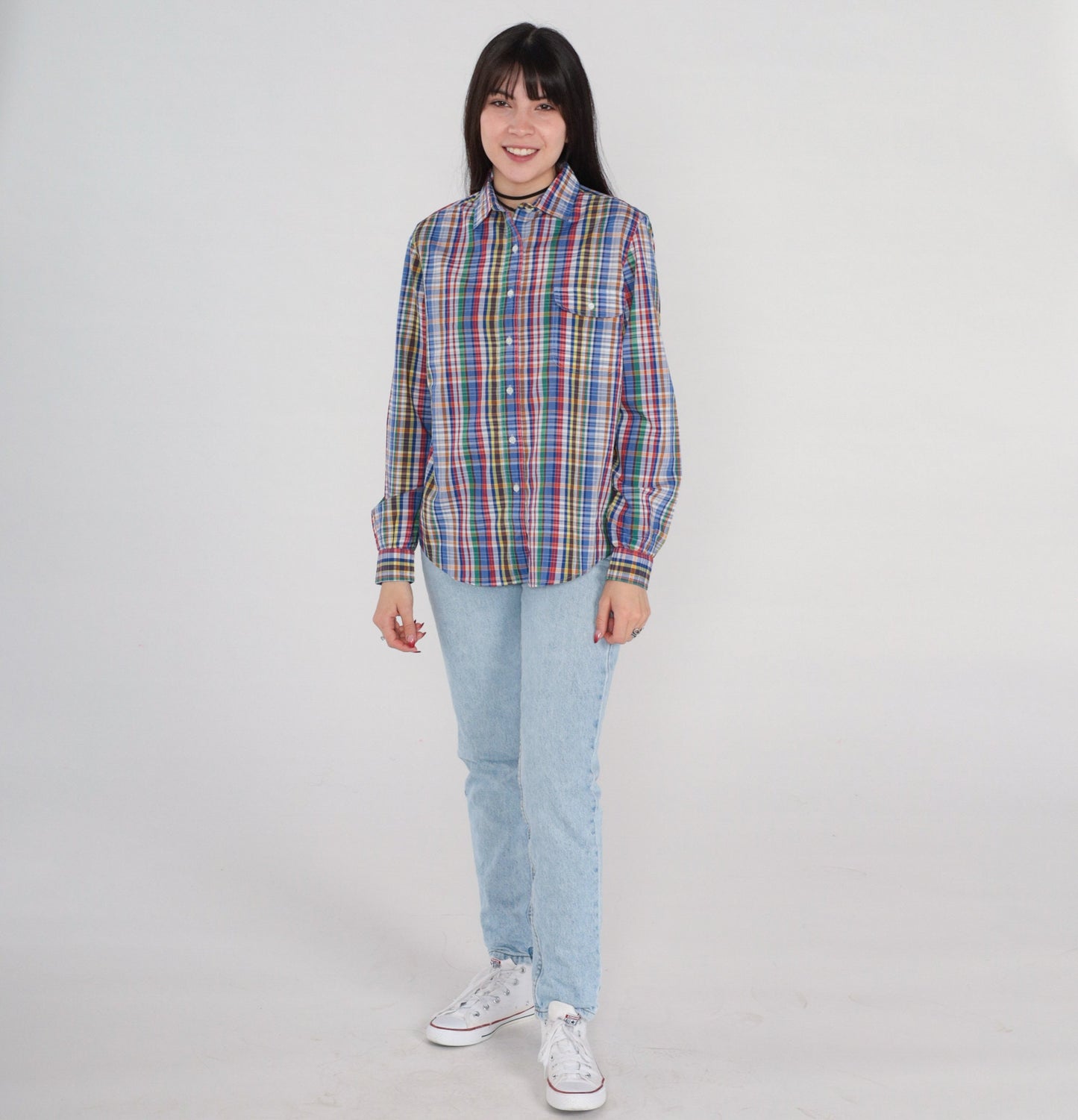 90s Blue Plaid Button Up Blouse Long Sleeve Cotton Blend Small S