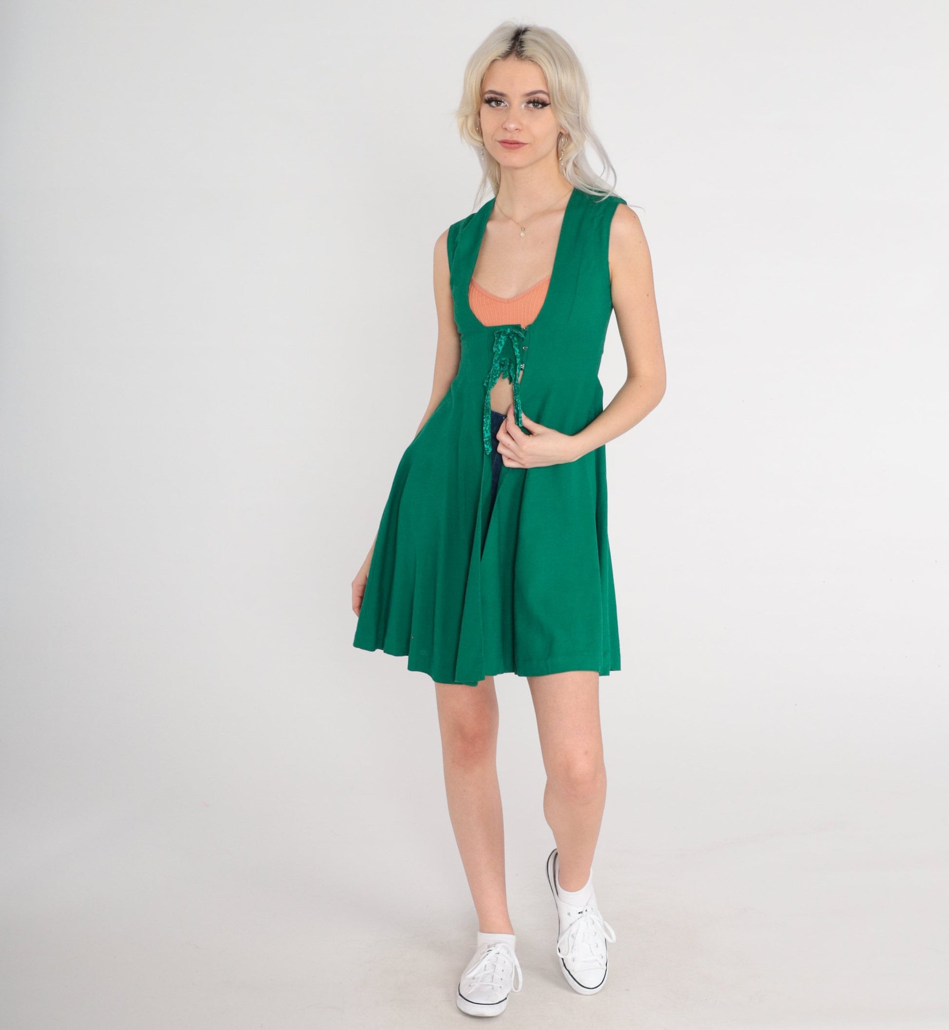 70s Green Mini Dress Open Front Sleeveless Scoop Neck Extra Small