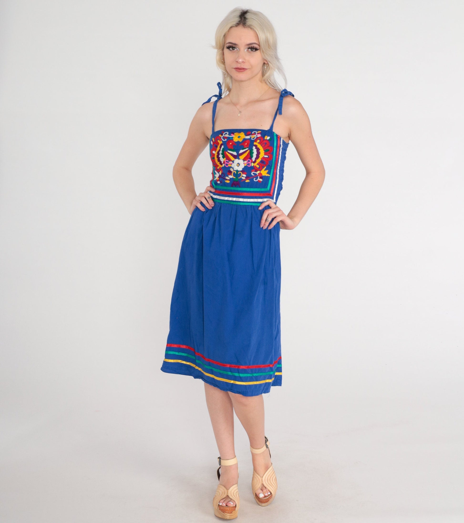 70s Mexican Embroidered Peacock Midi Dress Blue Cotton Smocked Small