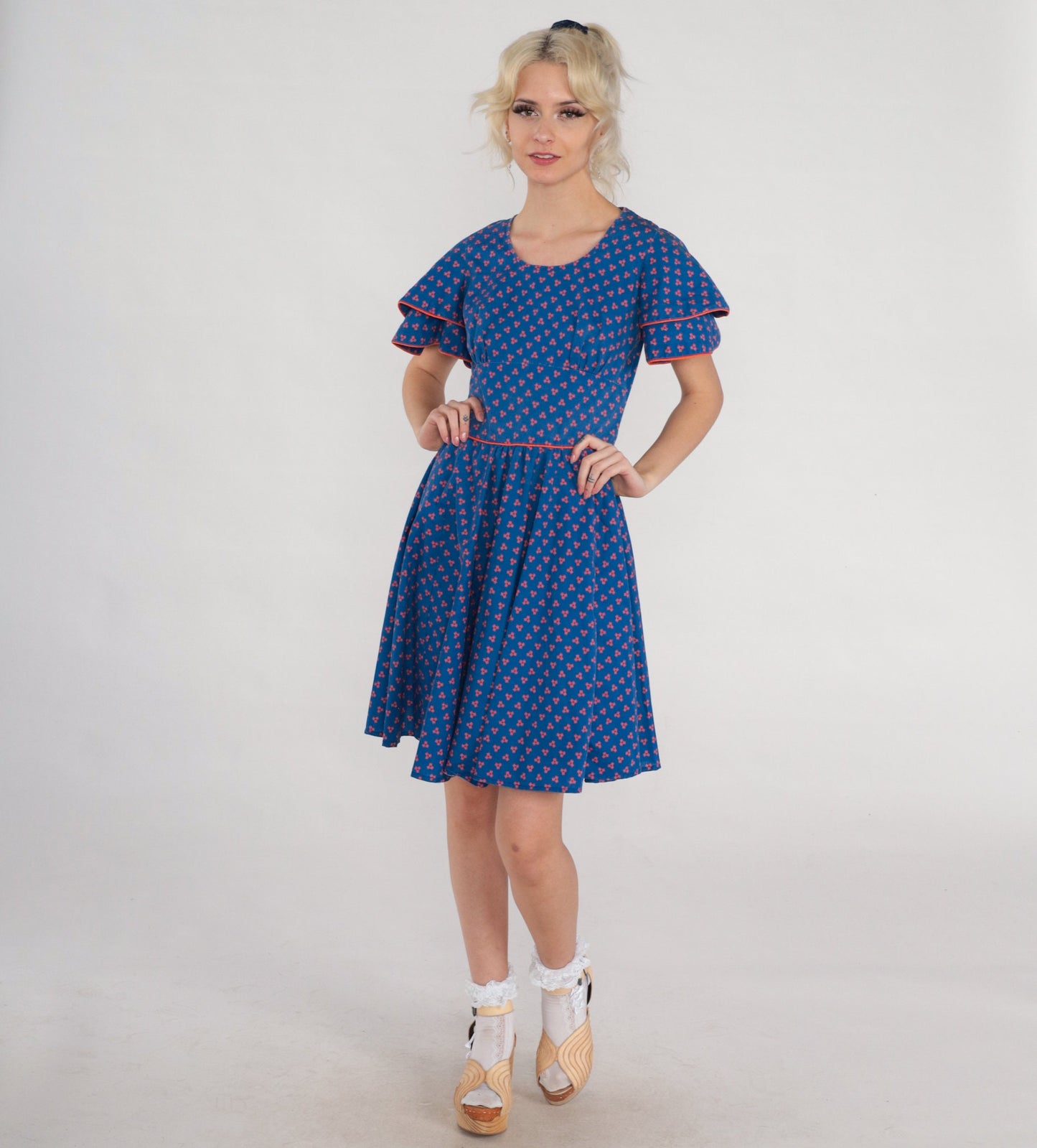 60s Blue Square Dot Mini Dress Flutter Sleeve High Waist Full Skirt Extra Small