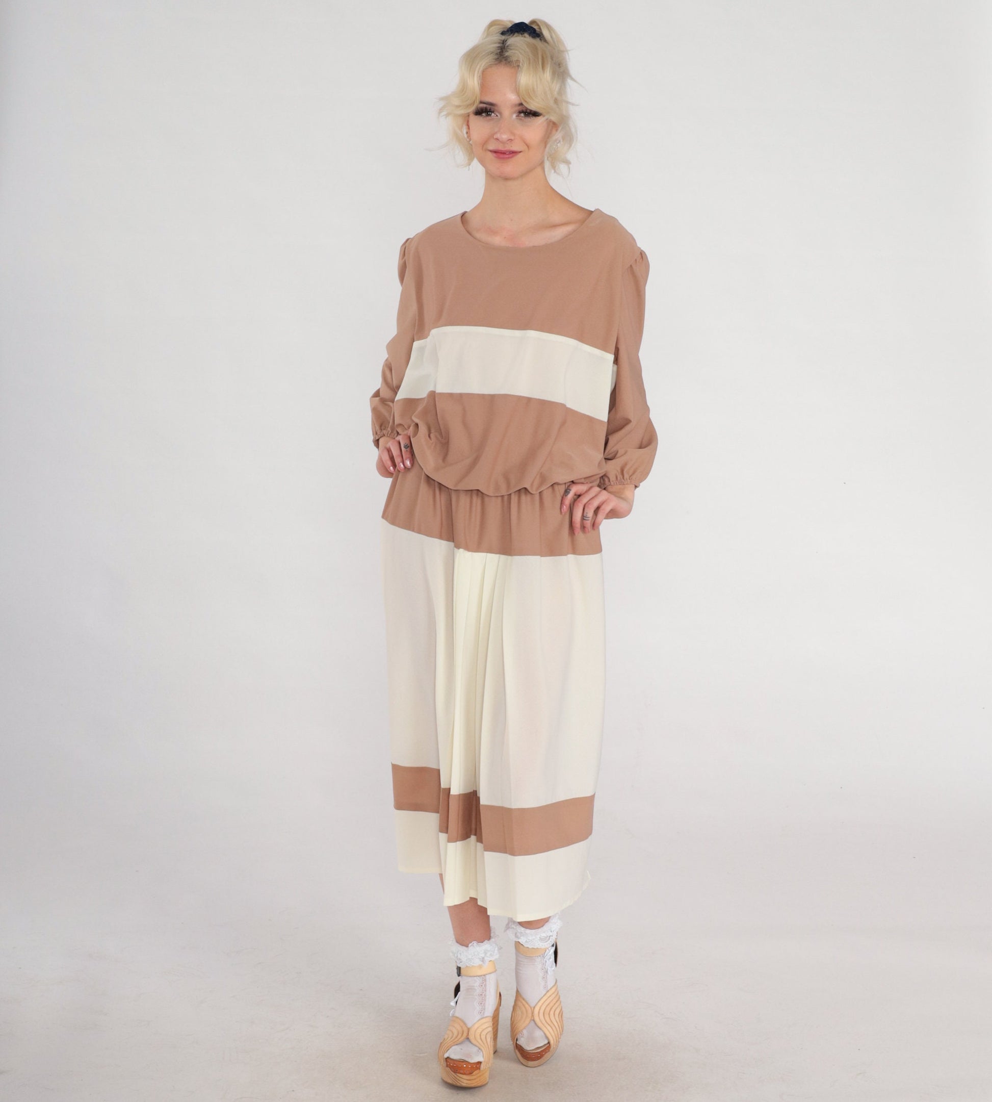 70s Striped Blouson Midi Dress Brown White Pleated Long Sleeve XXL
