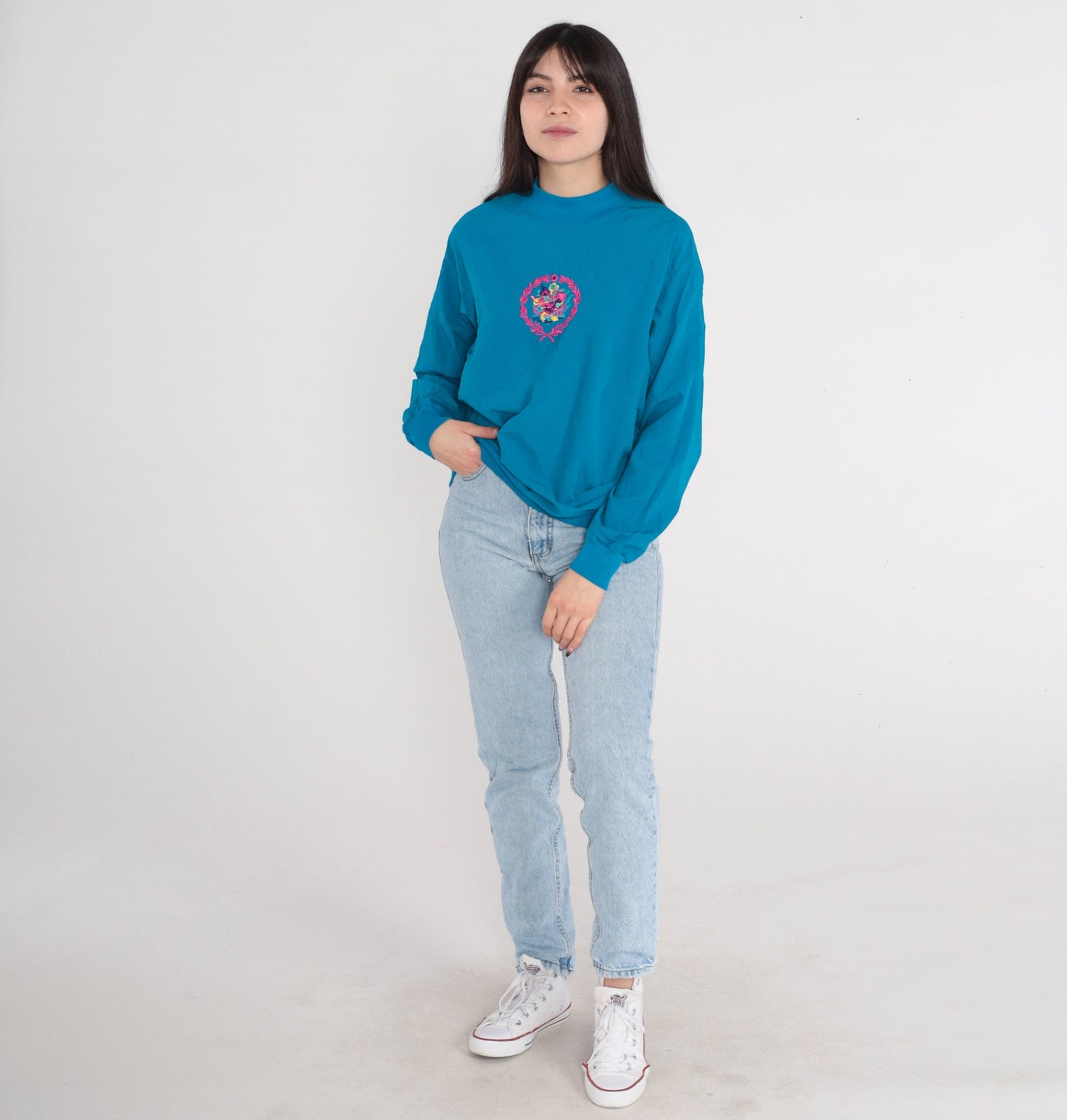 90s Blue Floral Embroidered Mockneck Sweatshirt Raglan Pullover Medium M