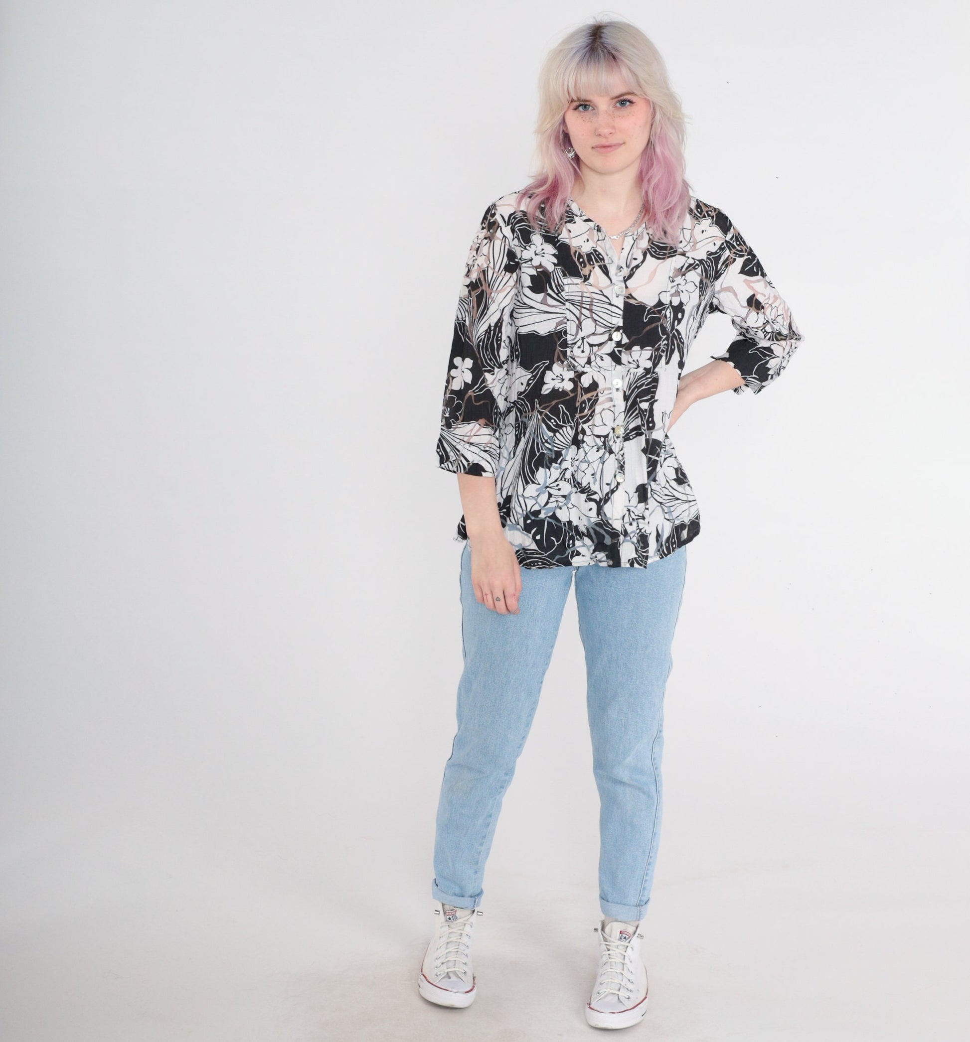 Y2K Sheer Floral Blouse Black White Button Up 3/4 Sleeve Medium M