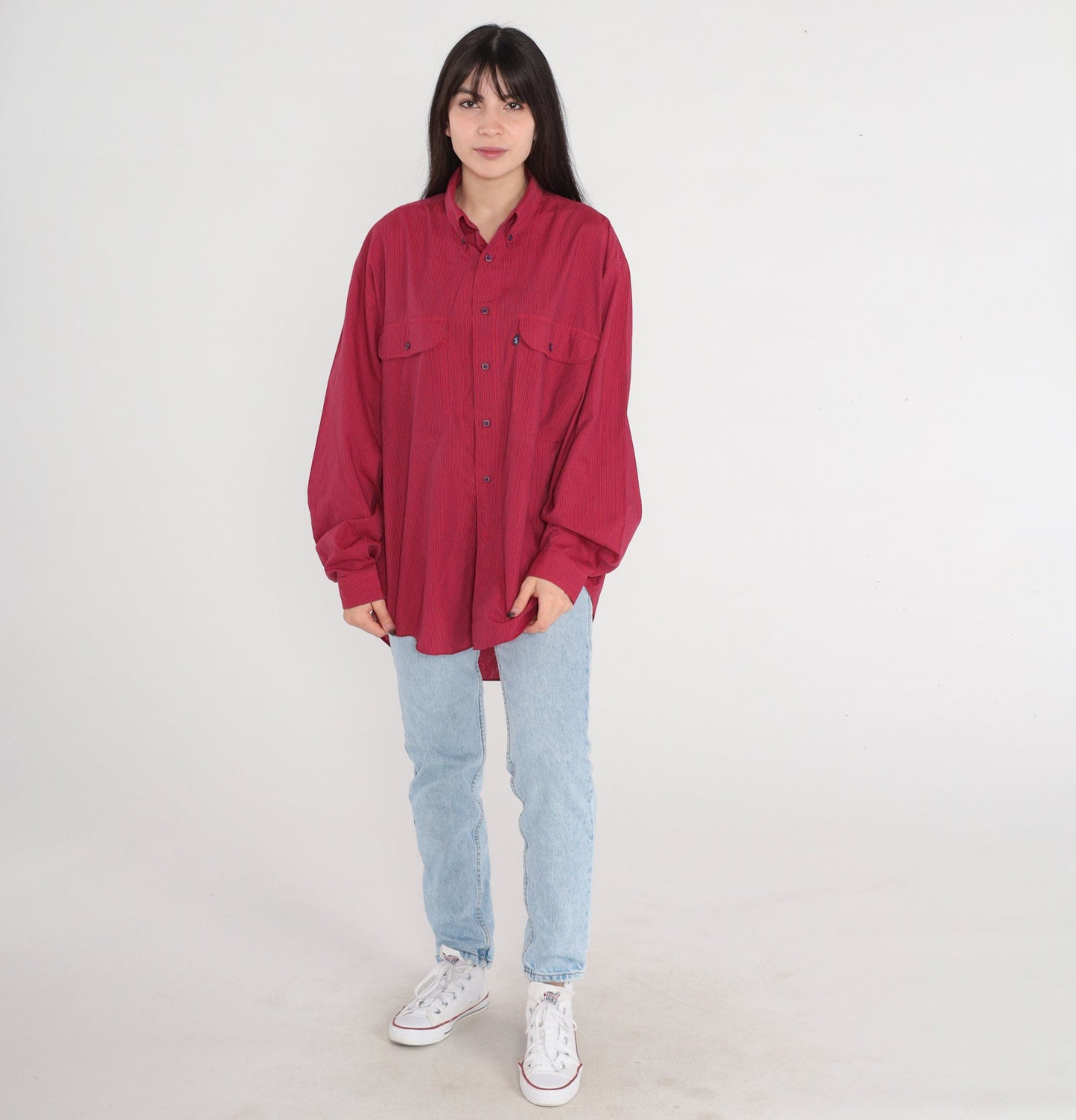 80s Levi's Railroad Stripe Button-Up Shirt Red Navy Long Sleeve Large